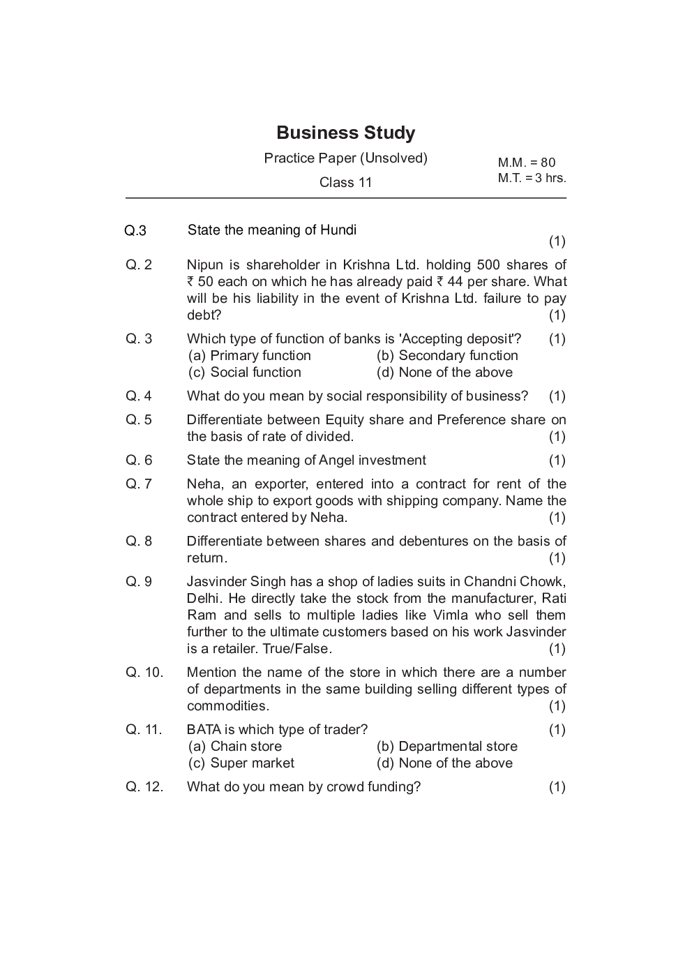 CBSE Class-11th Business Studies Term-II Sample Paper - Page 3