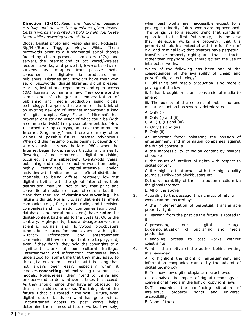 IBPS SO Mains Marketing Officer Previous Year Question Paper-2018 With Answer - Page 2