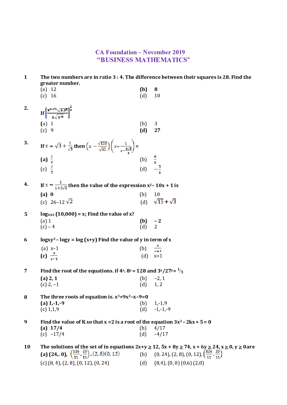 CA Foudation Business Mathematics Logical Reasoning and StatisticsQuestion paper-2019 - Page 2