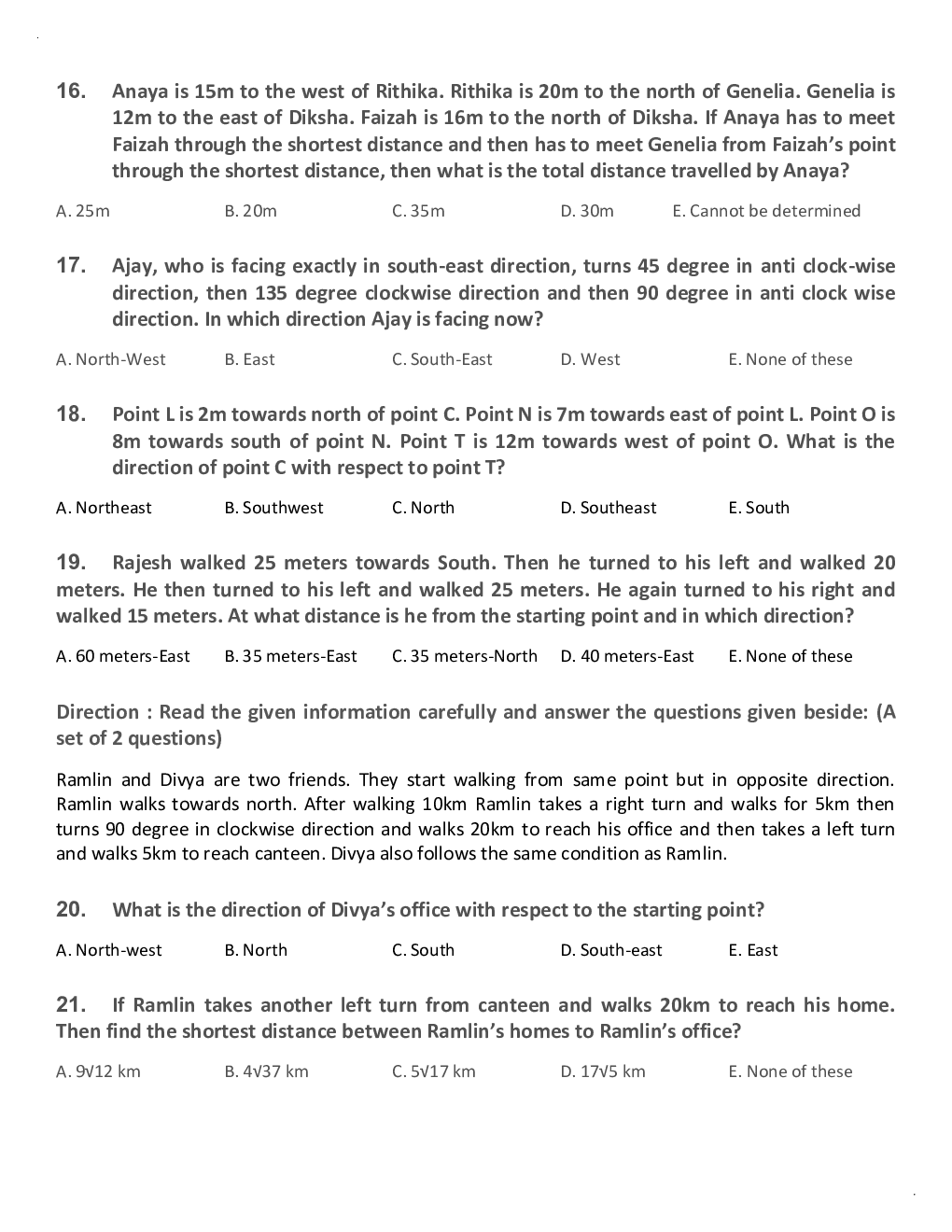 General Competitive Exam MCQs For Direction Sense - Page 5