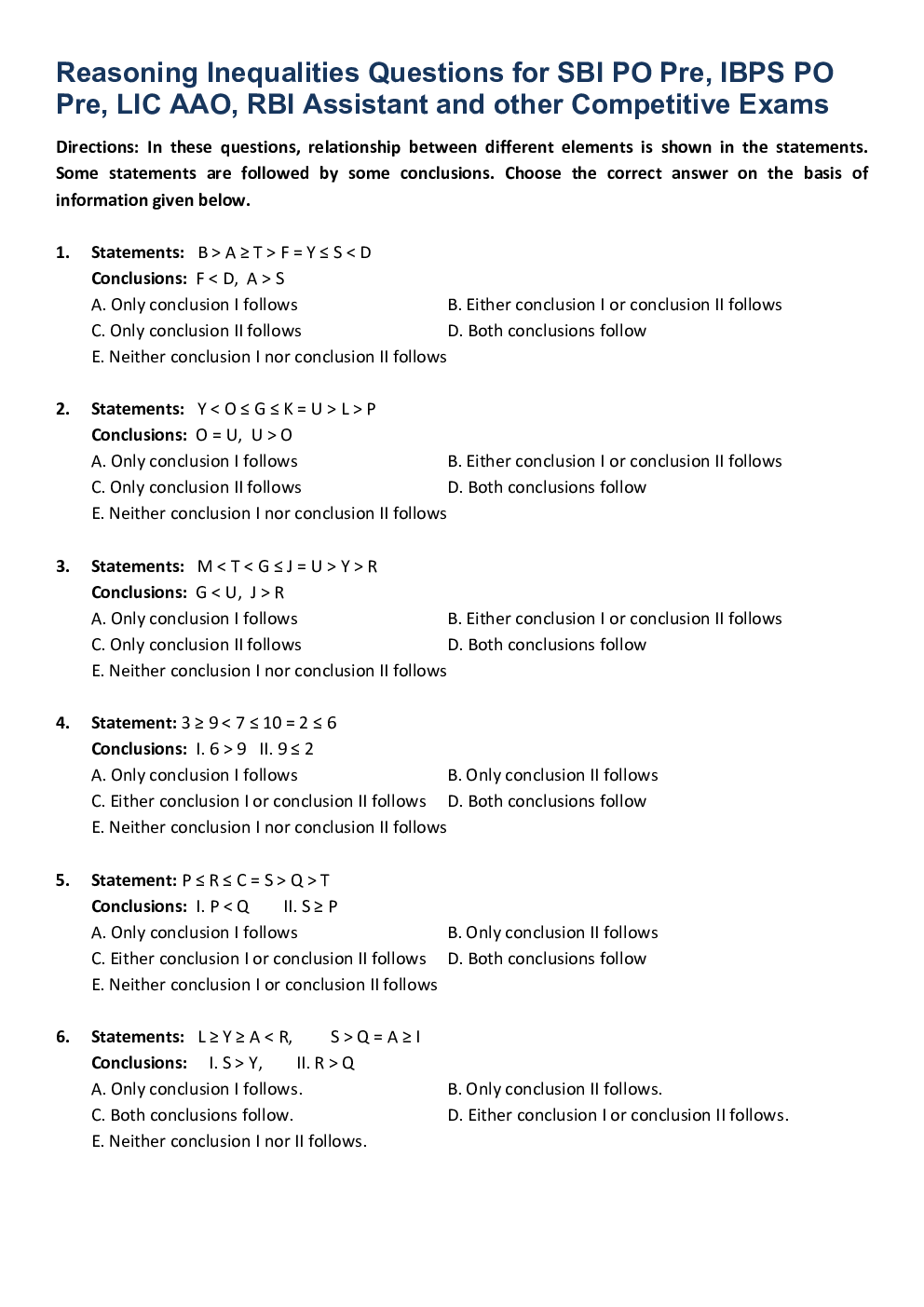 General Competitive Exam MCQs For Reasoning Inequalities - Page 2