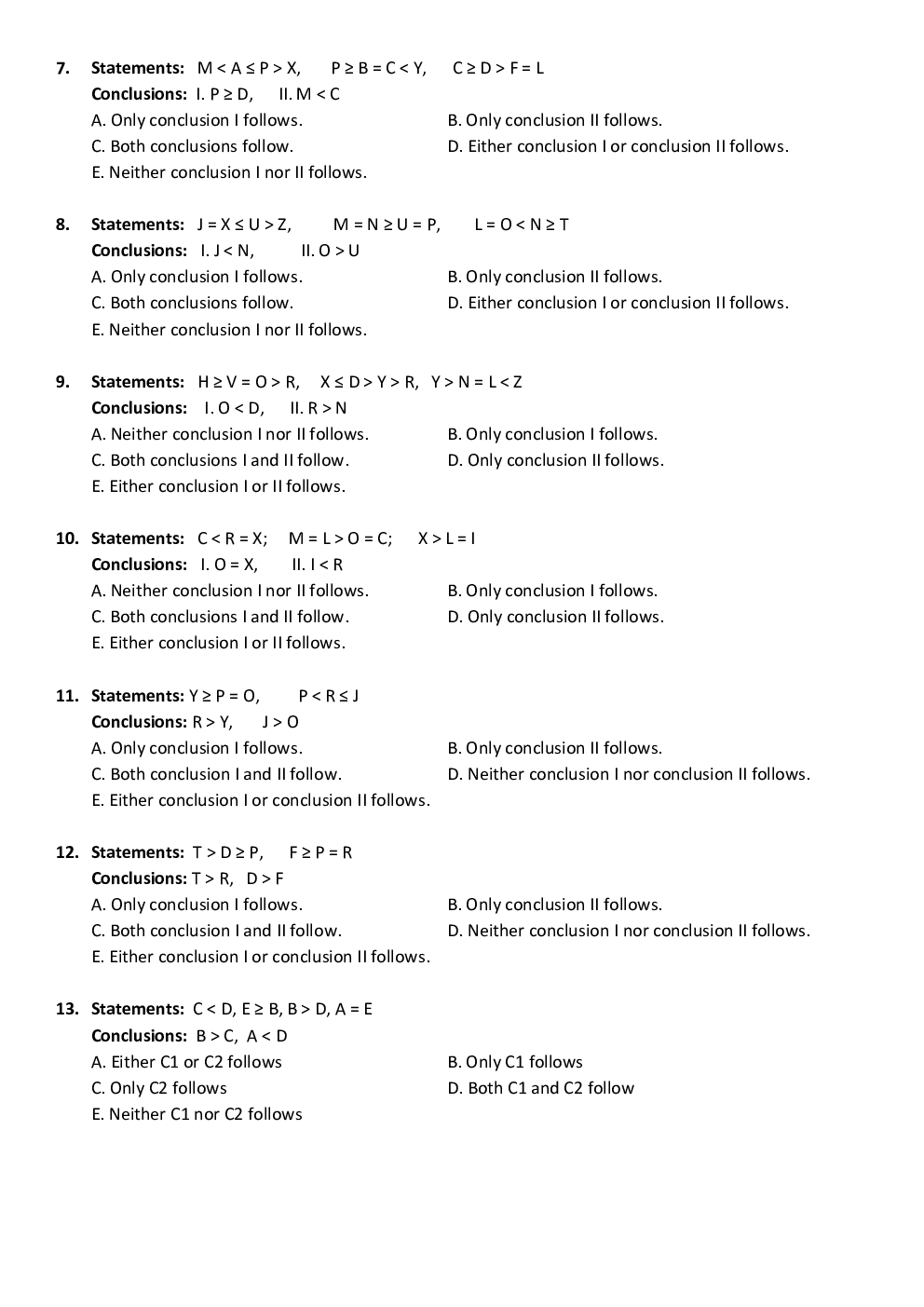 General Competitive Exam MCQs For Reasoning Inequalities - Page 3