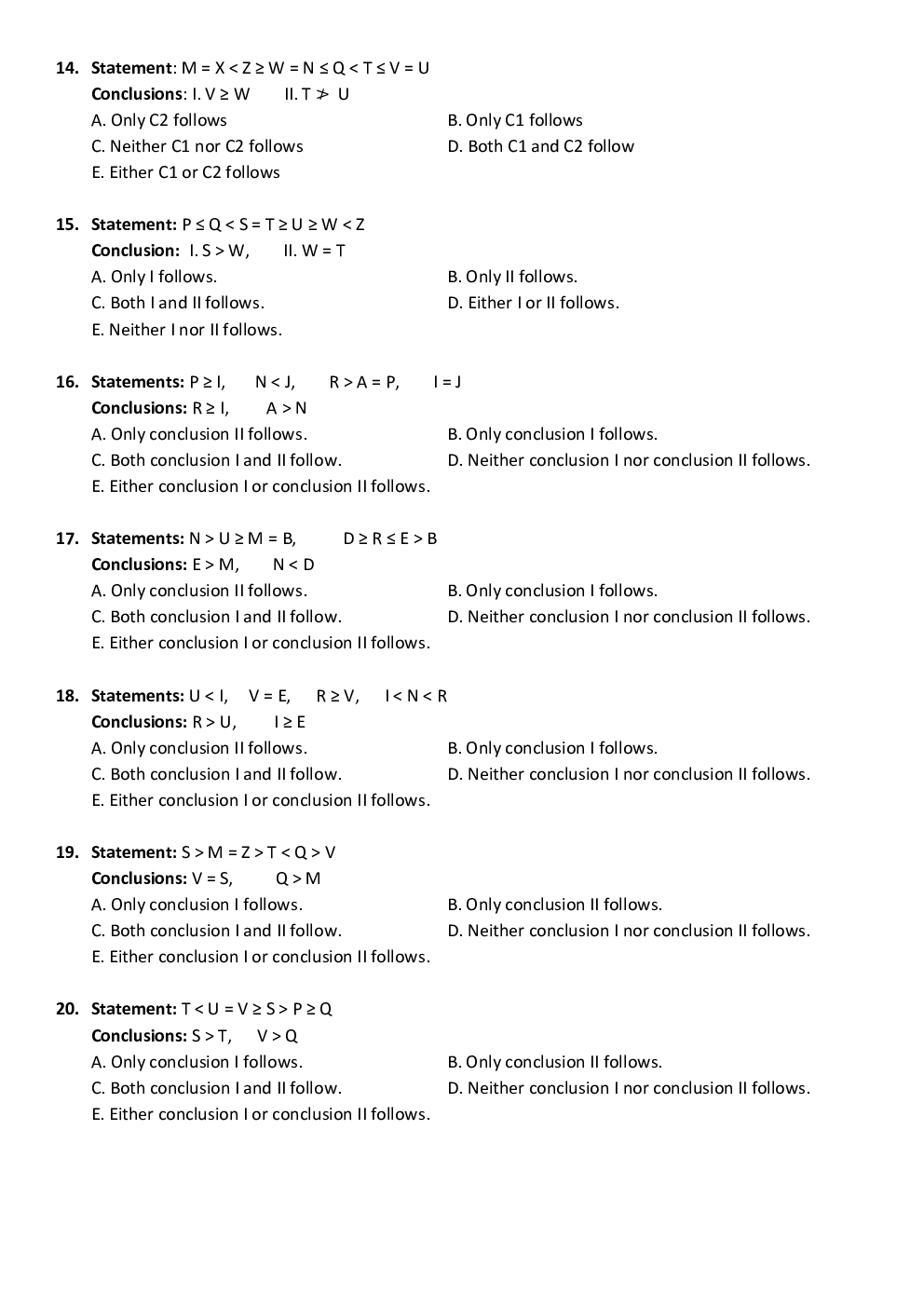General Competitive Exam MCQs For Reasoning Inequalities - Page 4