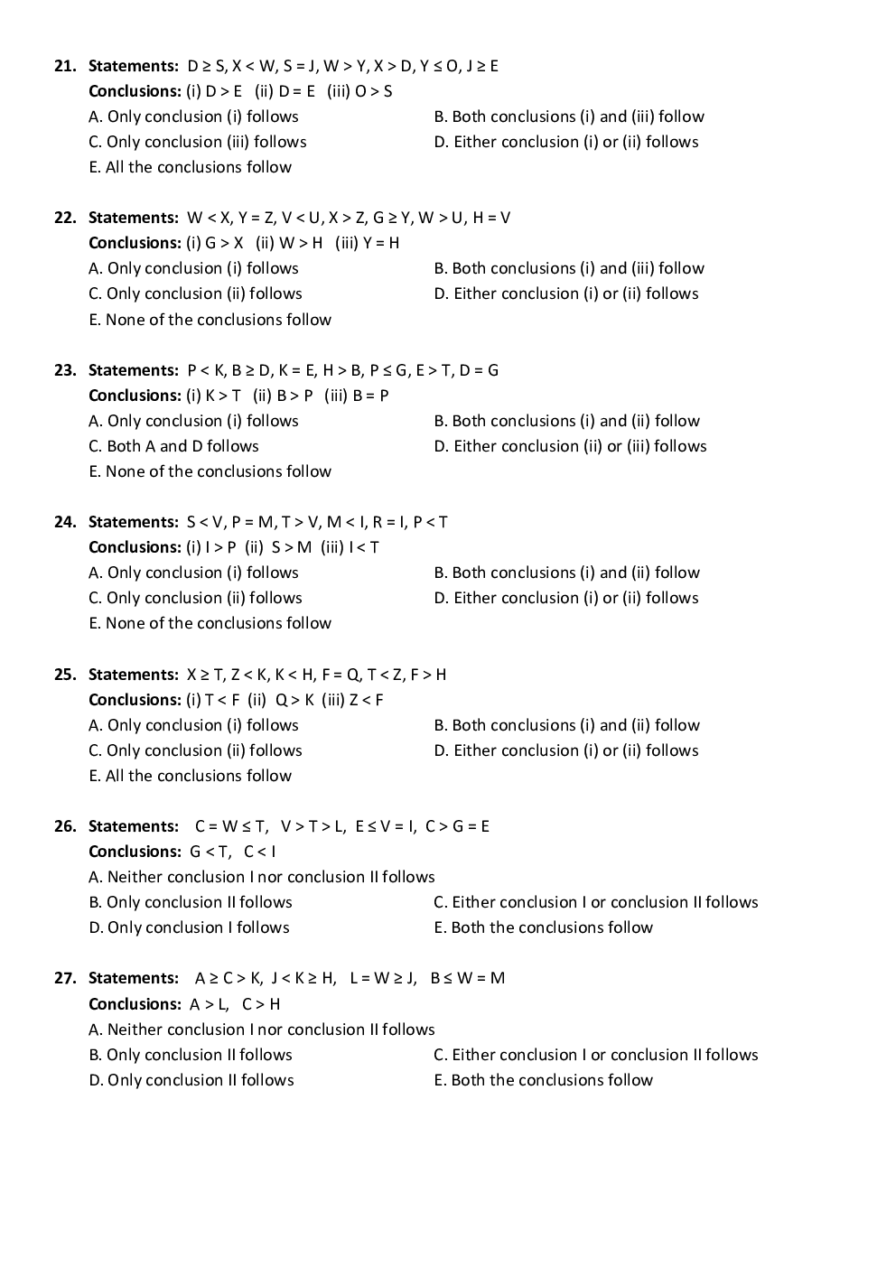 General Competitive Exam MCQs For Reasoning Inequalities - Page 5