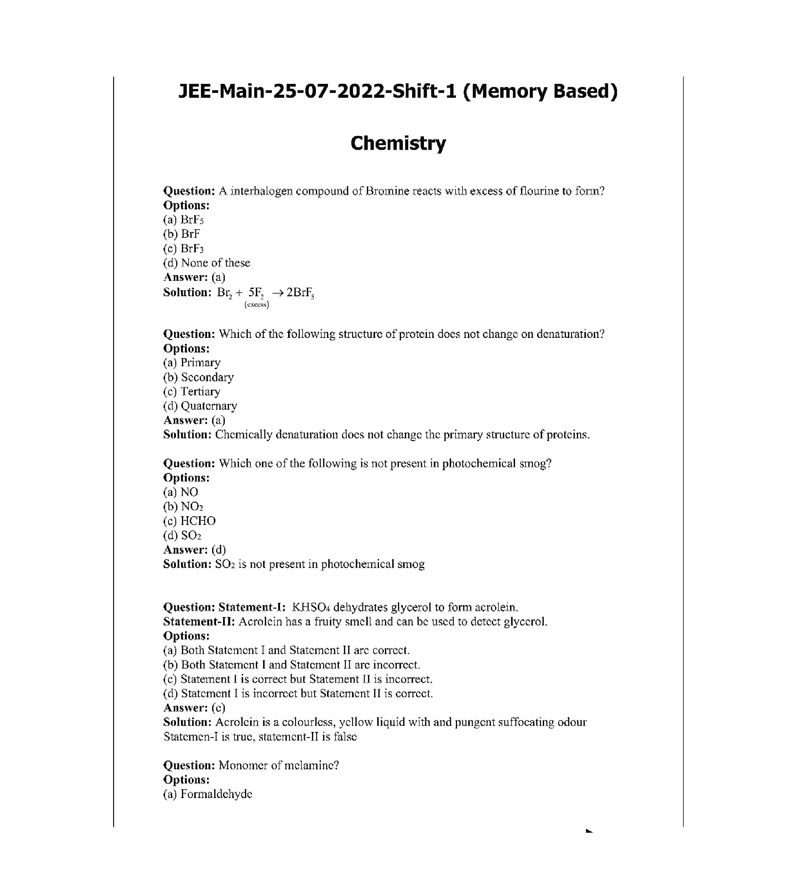 IIT JEE Main Chemistry Question Paper With Solution 2022(Shift-1) - Page 2