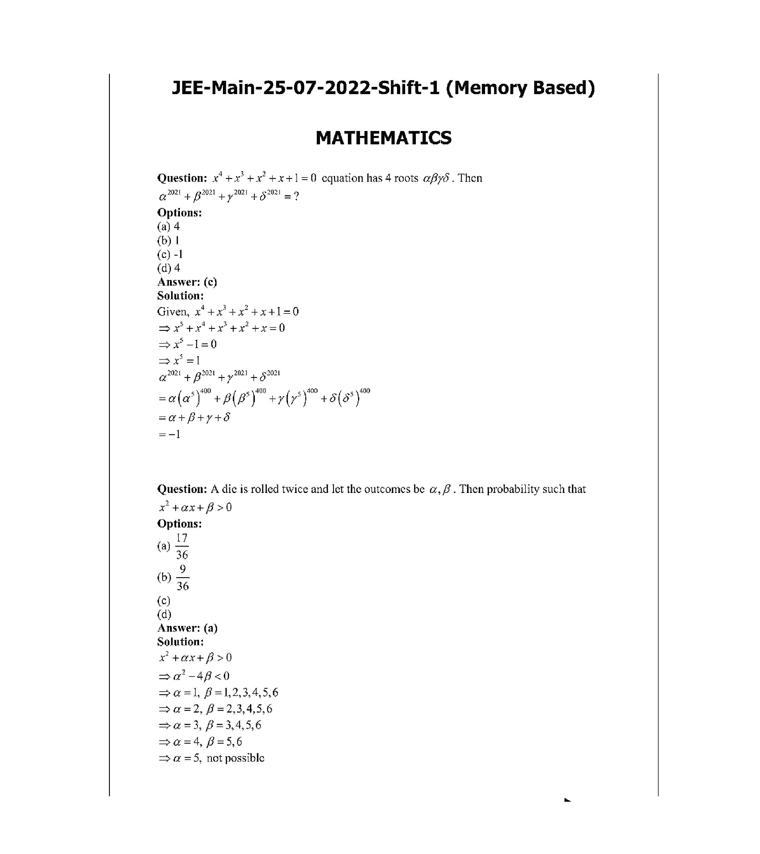 IIT JEE Main Maths Question Paper With Solution 2022 (Shift-1) - Page 2