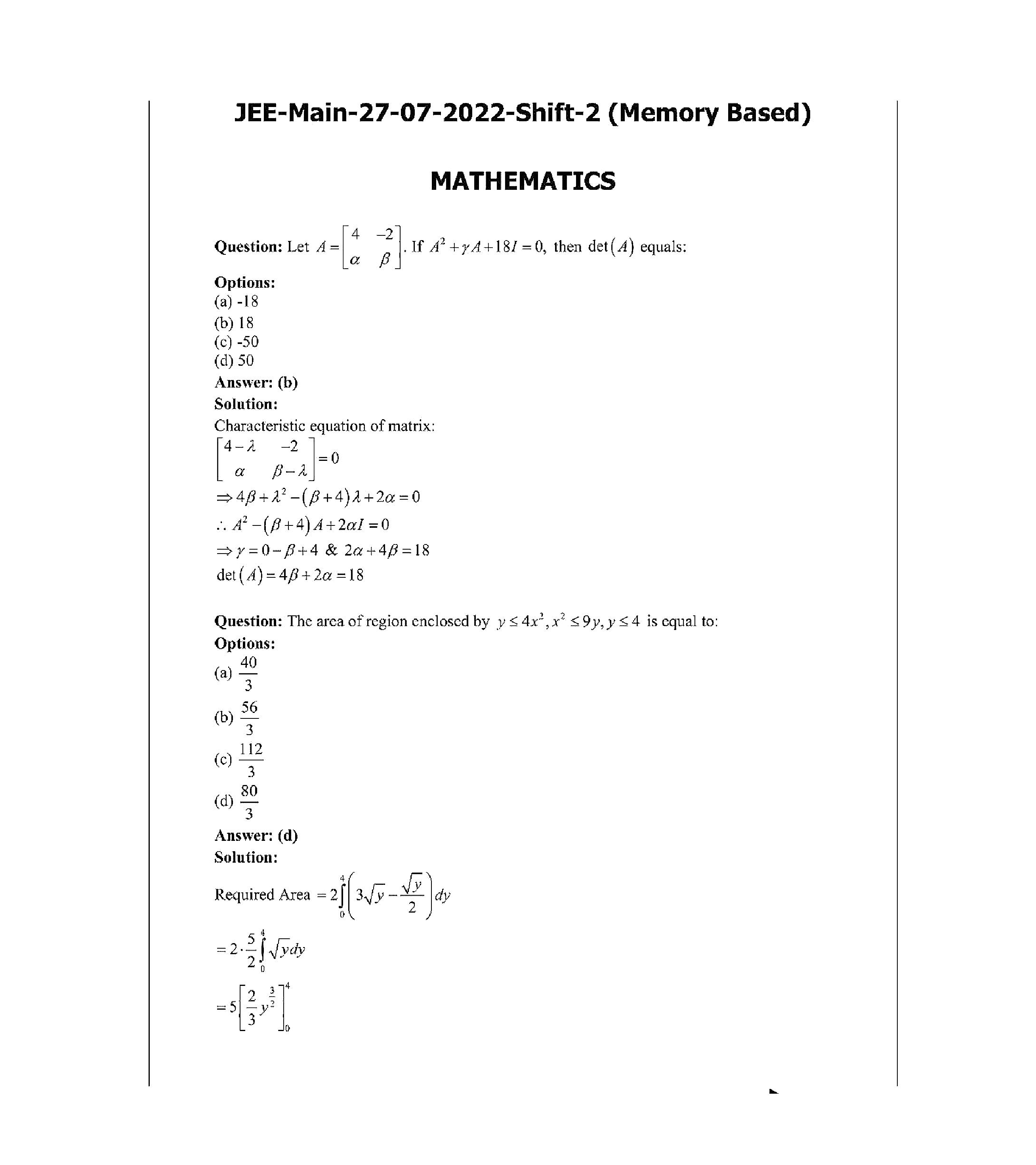 IIT JEE Main Maths Question Paper With Solution 2022 (Shift-2) - Page 2