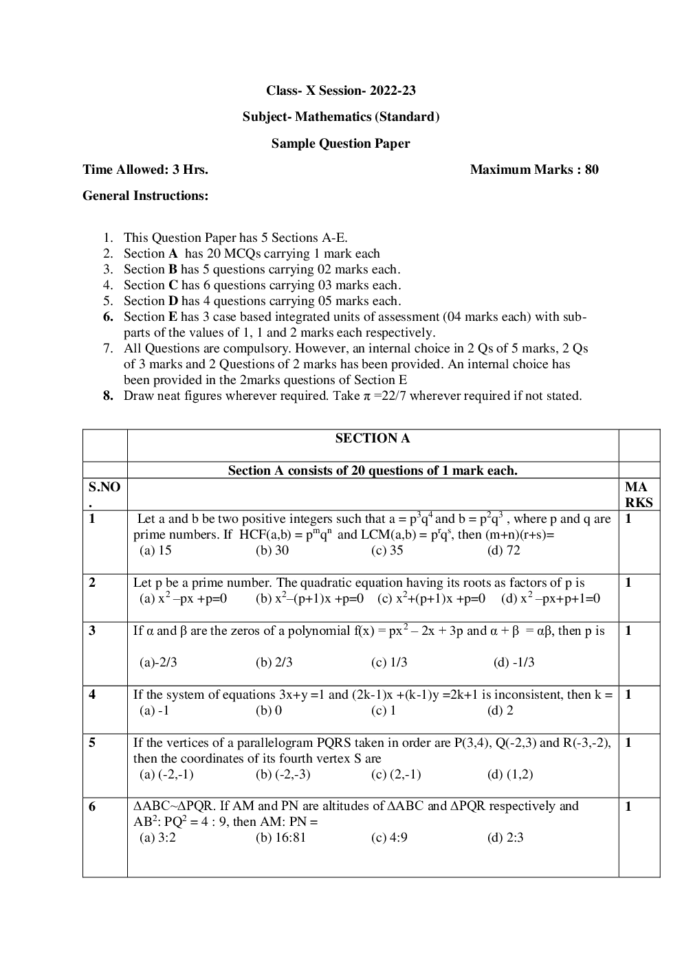 CBSE Class 10 Maths Standard Sample Question Paper 2023 - Page 2