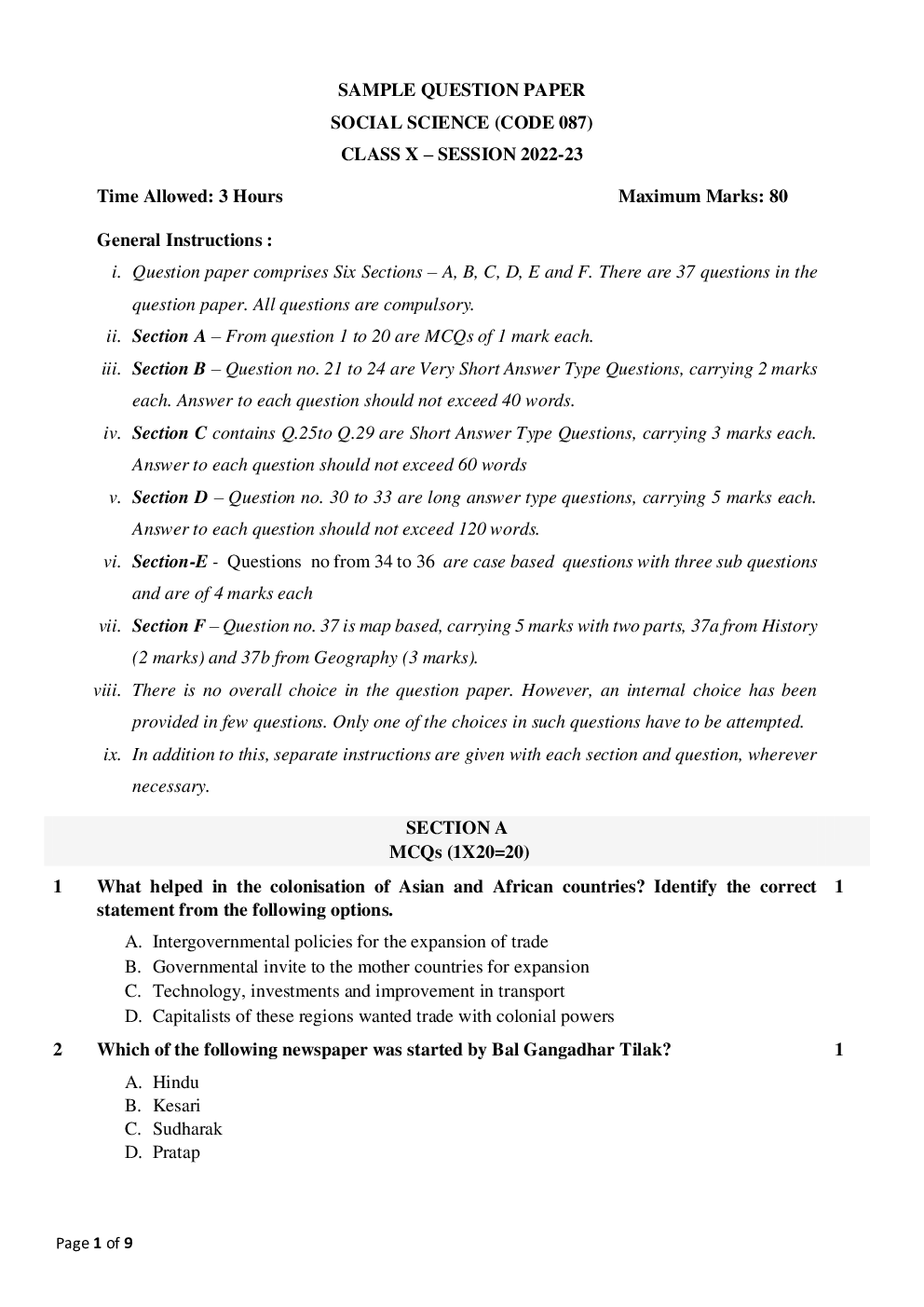 CBSE Class 10 Social Science Sample Question Paper 2023 - Page 2