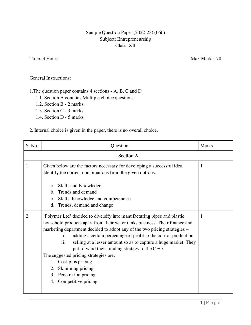 CBSE Class 12 Entrepreneurship Sample Question Paper 2023 - Page 2