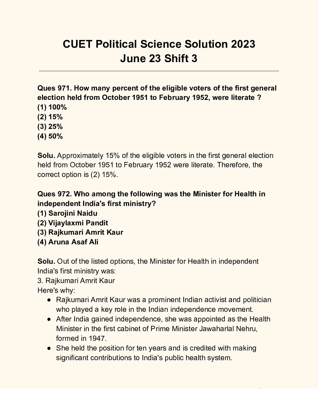 CUET political Science  Solution  2023  - Page 2