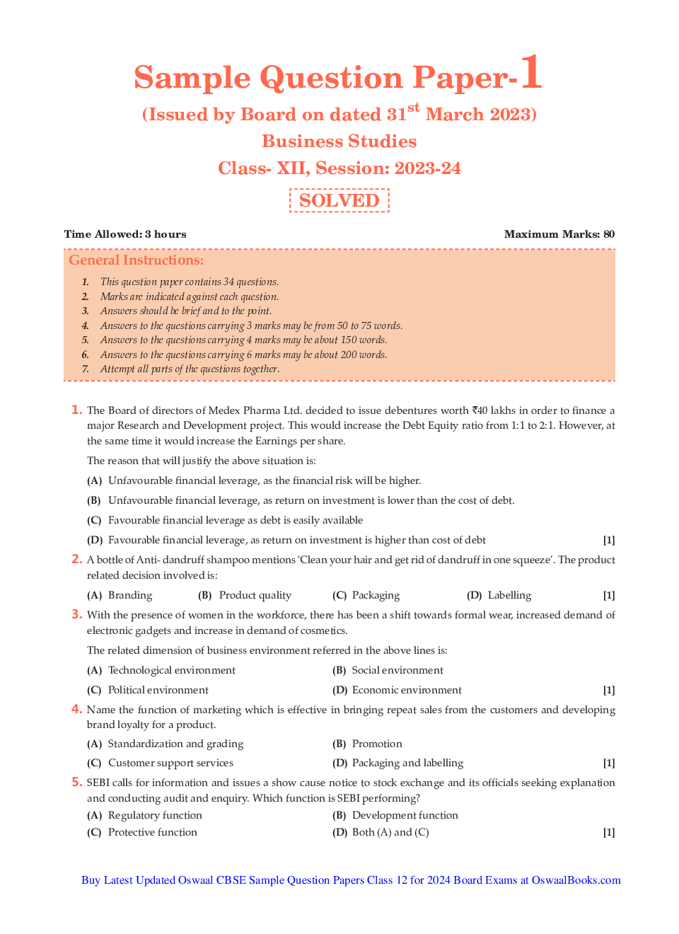 Class-12th 2024 Sample Papers Business Studies - Page 1