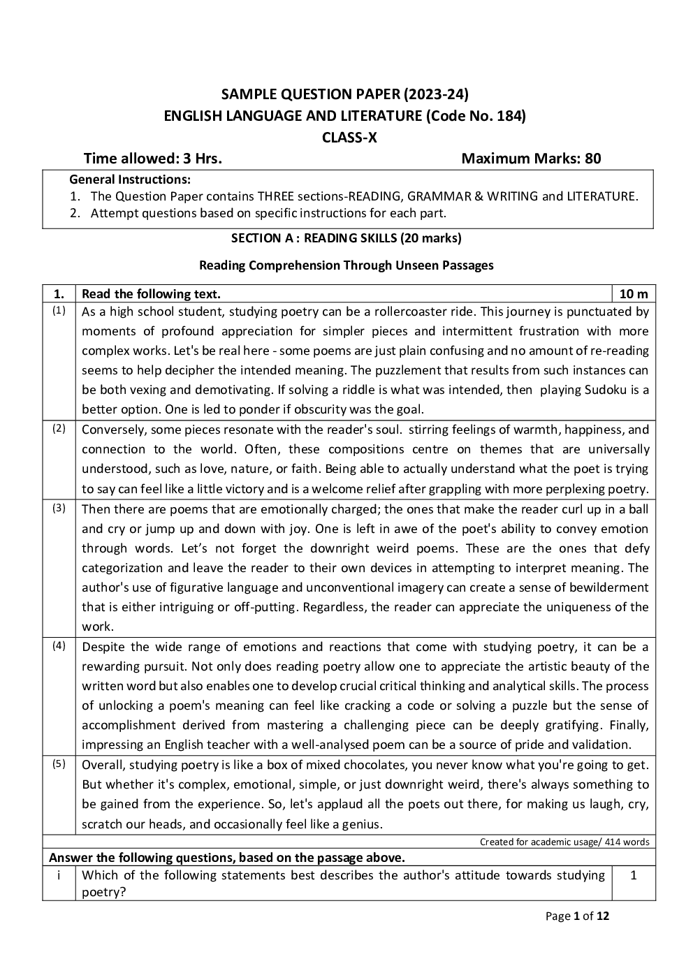 CBSE 10th 2024  English Question Paper - Page 2