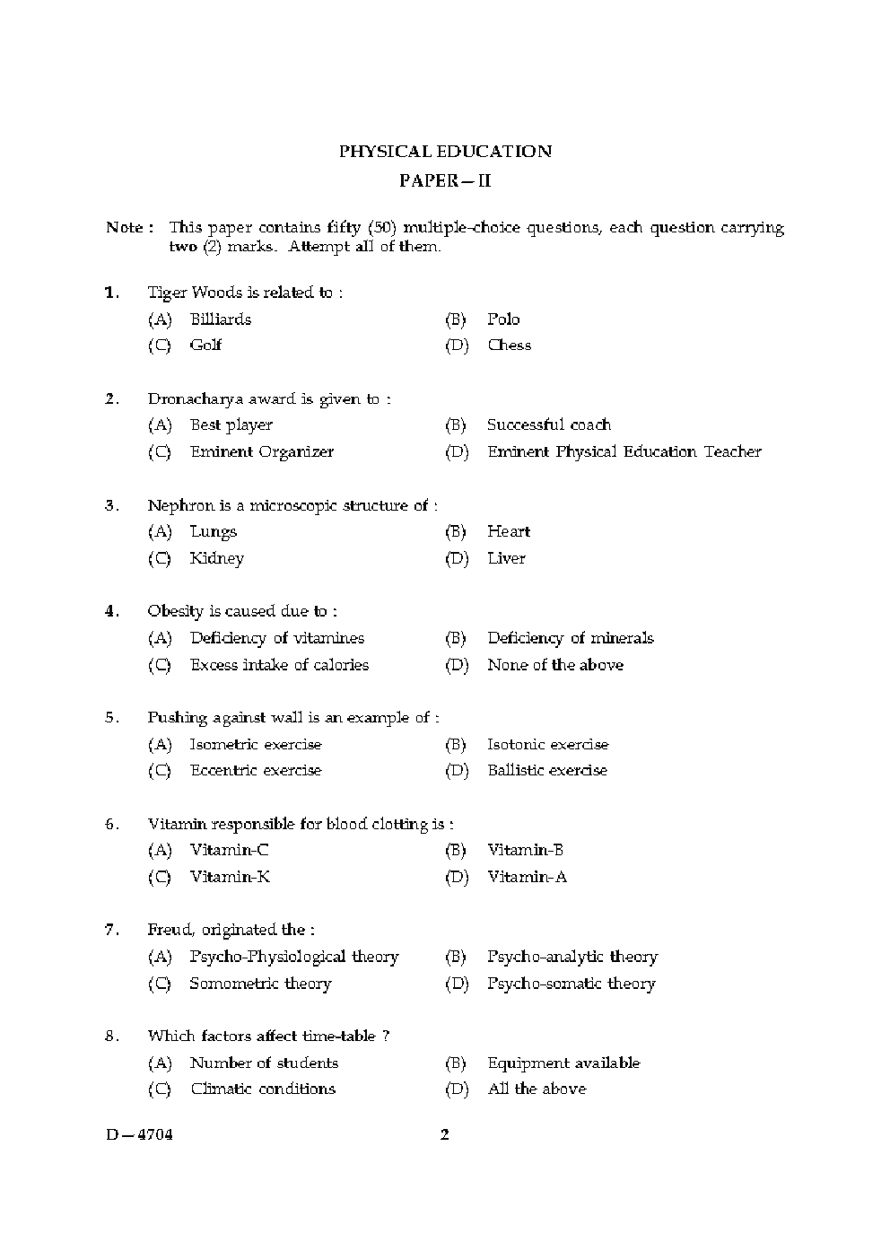 CBSE UGC NET Previous Year 2004-2015 Unsolved Question Paper Physical Education Paper-II (June-Dec)  - Page 2