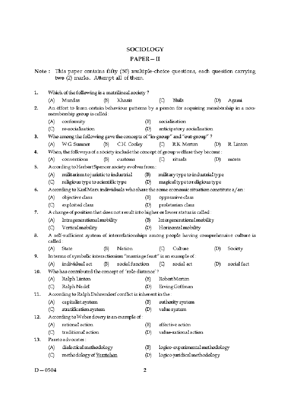 CBSE UGC NET Previous Year 2004-2015 Unsolved Question Paper Sociology Paper-II (June-Dec)  - Page 2