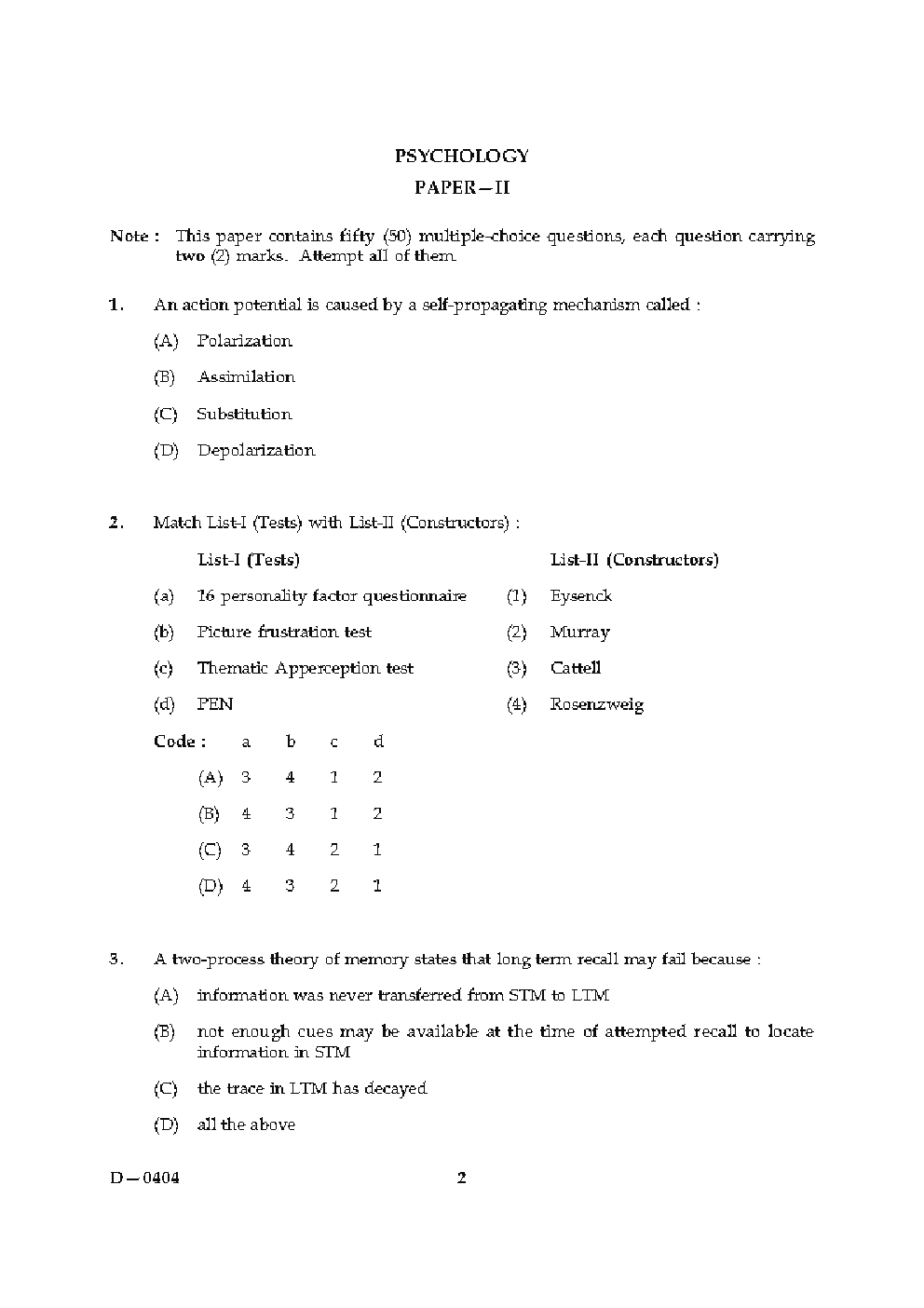 CBSE UGC NET Previous Year 2004-2015 Unsolved Question Paper Psychology Paper-II (June-Dec)  - Page 2