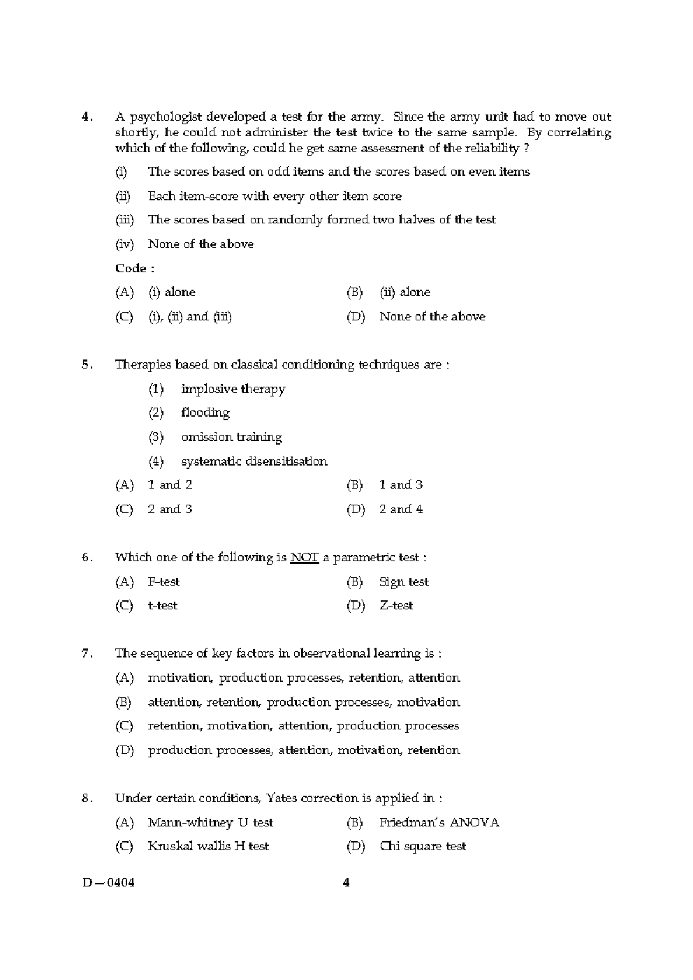CBSE UGC NET Previous Year 2004-2015 Unsolved Question Paper Psychology Paper-II (June-Dec)  - Page 4