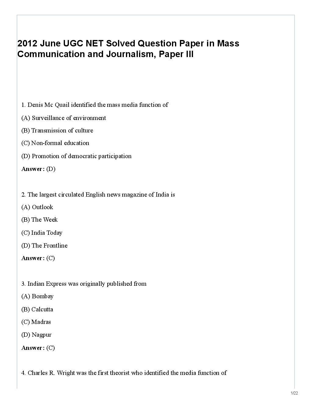 CBSE UGC NET Previous Year 2012-14 Solved Question Paper Mass Communication Paper-III(June-Dec) - Page 2