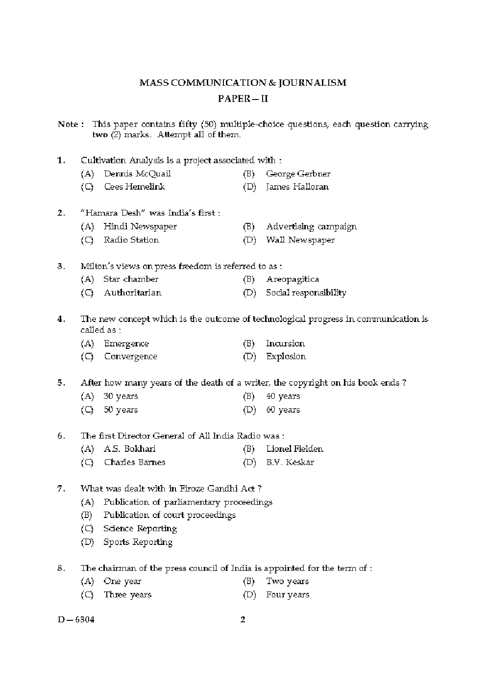 CBSE UGC NET Previous Year 2004-15 Unsolved Question Paper Mass Communication Paper-II(June-Dec) - Page 2