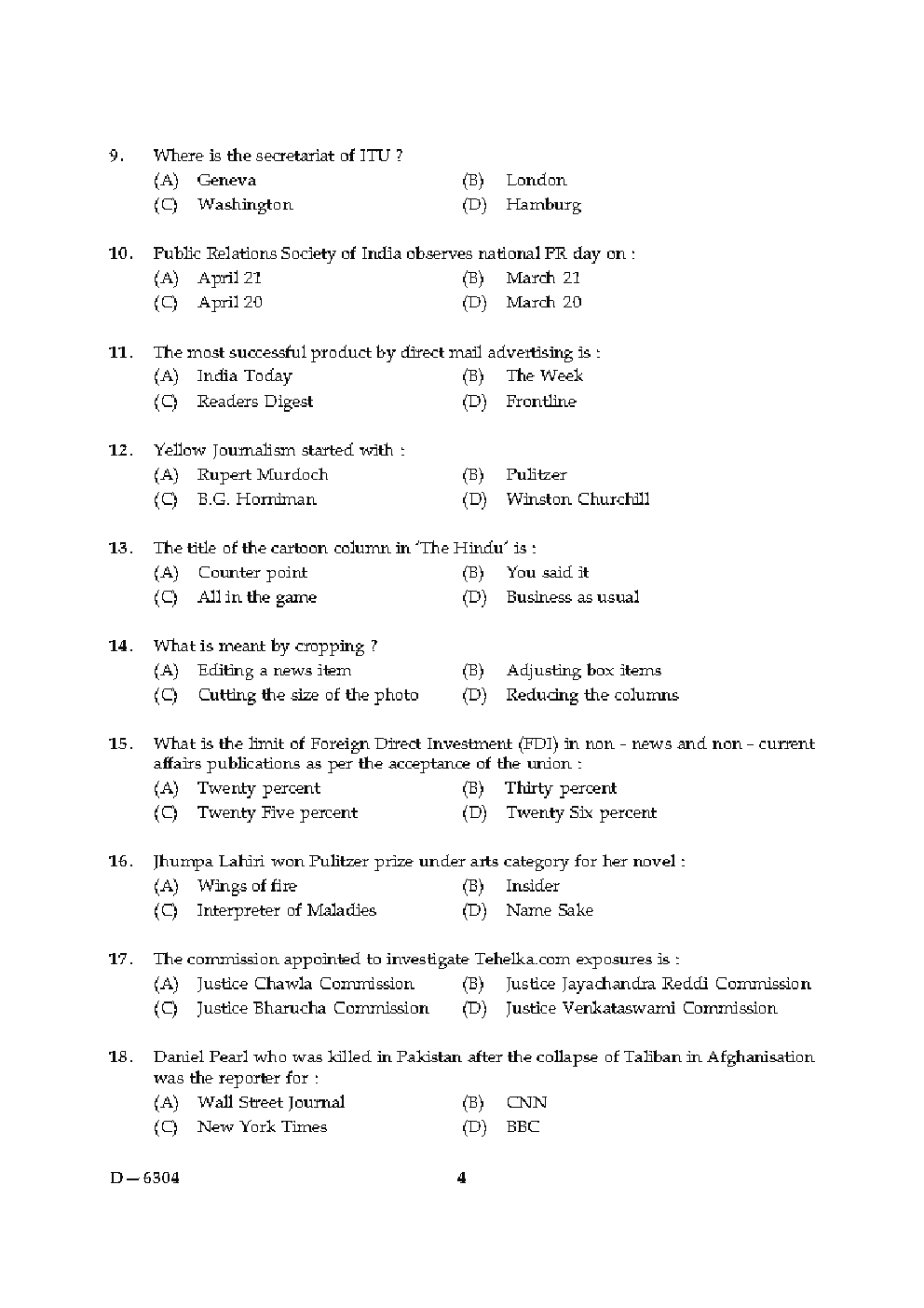 CBSE UGC NET Previous Year 2004-15 Unsolved Question Paper Mass Communication Paper-II(June-Dec) - Page 4