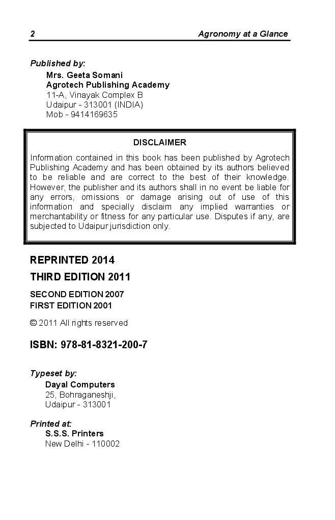 Agronomy at A Glance 3rd Ed. Vol-1 : Basic & Applied Fundamentals - Page 3