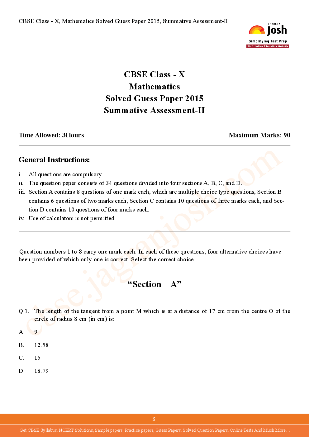 Download CBSE Class 10th Mathematics Solved Guess Paper SA2 2015 PDF