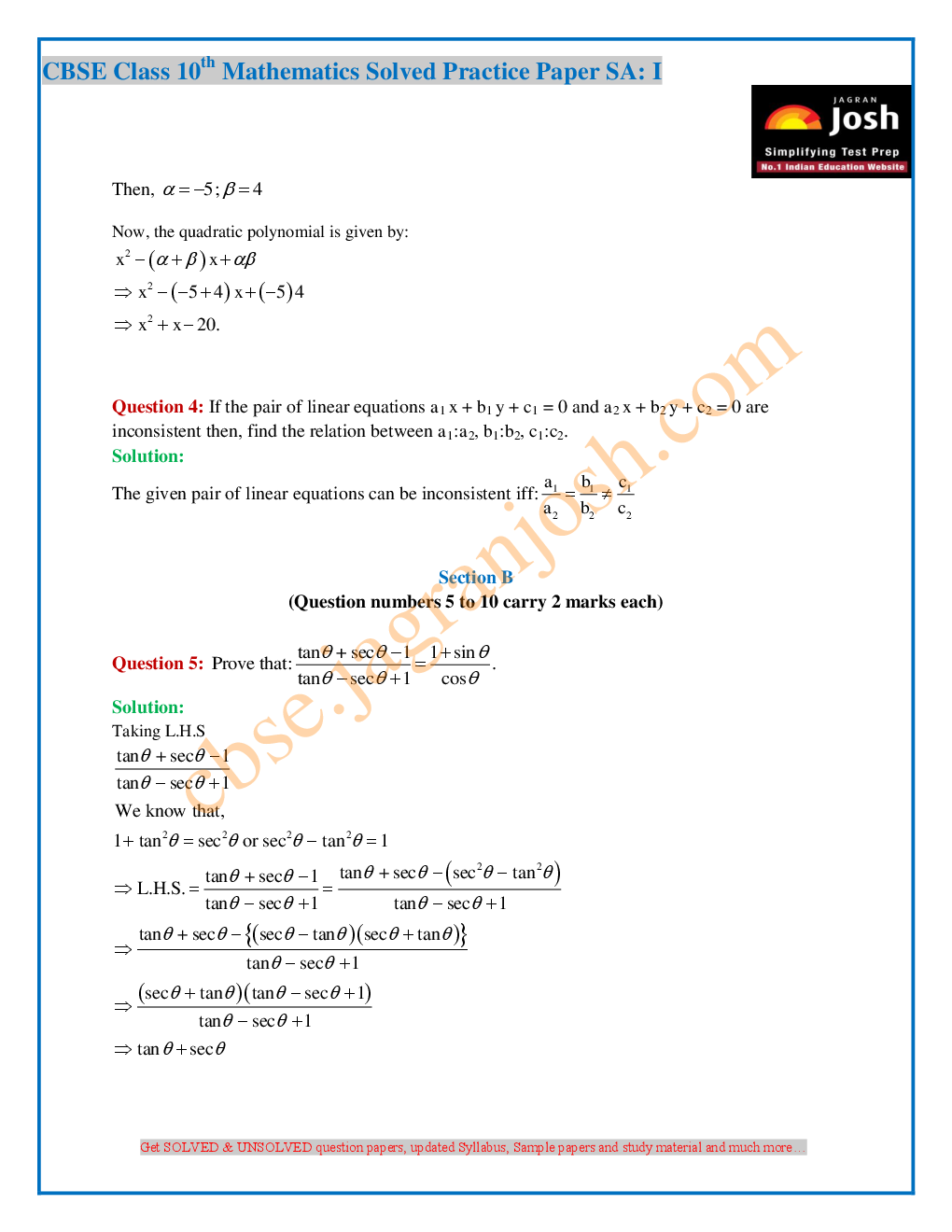CBSE Class 10th Mathematics Solved Practice Paper SA- I (2016-17) - Page 4