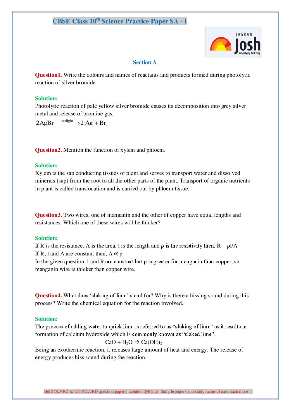 CBSE Class 10th Science & Mathematics Solved Practice Paper SA-I (2016-17) - Page 3