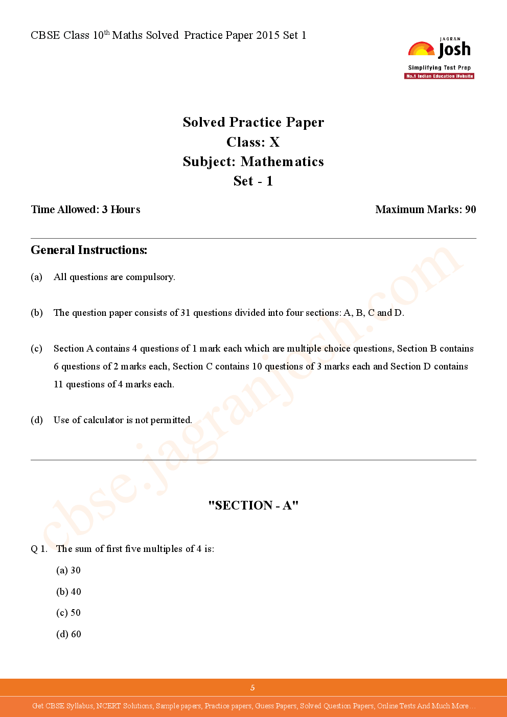 CBSE Class 10th Solved Mathematics Practice Paper 2015 Set-I (Fully Solved) - Page 5