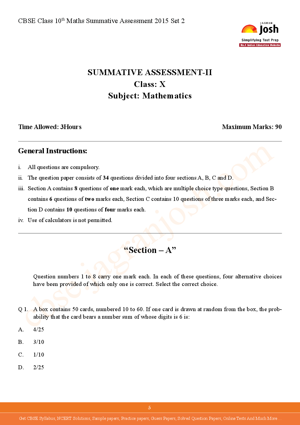 CBSE Class 10th Solved Mathematics Practice Paper 2015 Set-II (Fully Solved) - Page 5