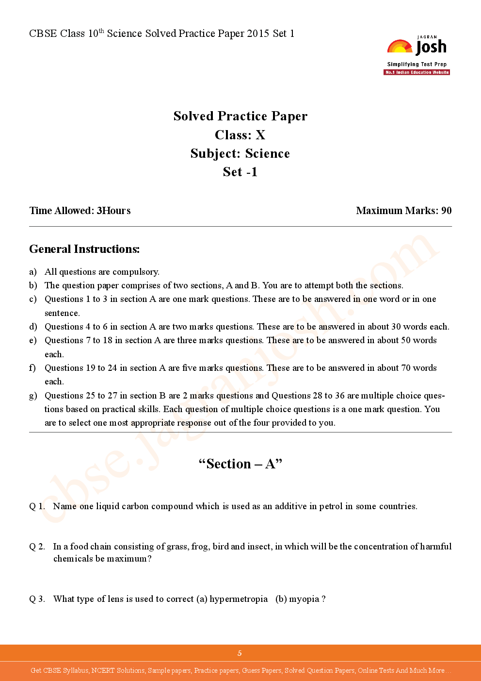 CBSE Class 10th Solved Science Practice Paper 2015 (Set-I) - Page 5