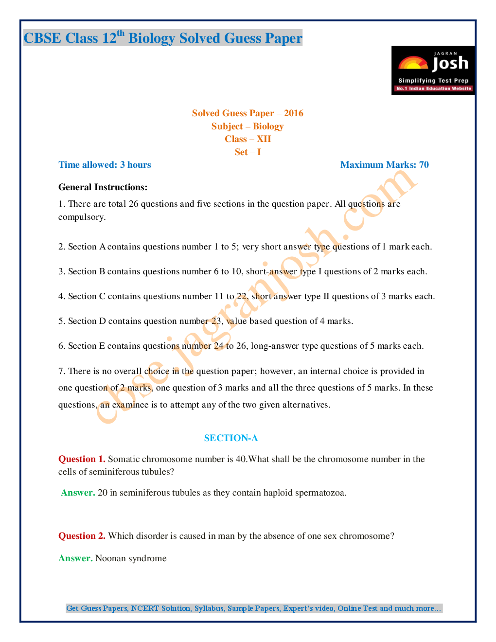 CBSE Class 12th Biology Solved Guess Paper 2016 (Set-I) - Page 2