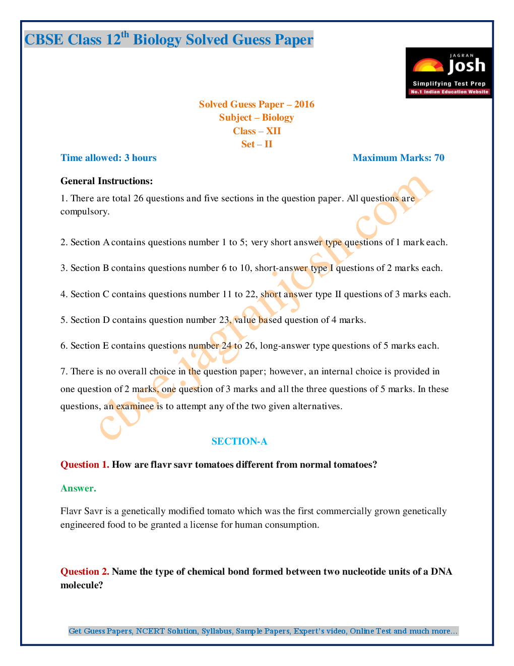 CBSE Class 12th Biology Solved Guess Paper 2016 (Set-II) - Page 2