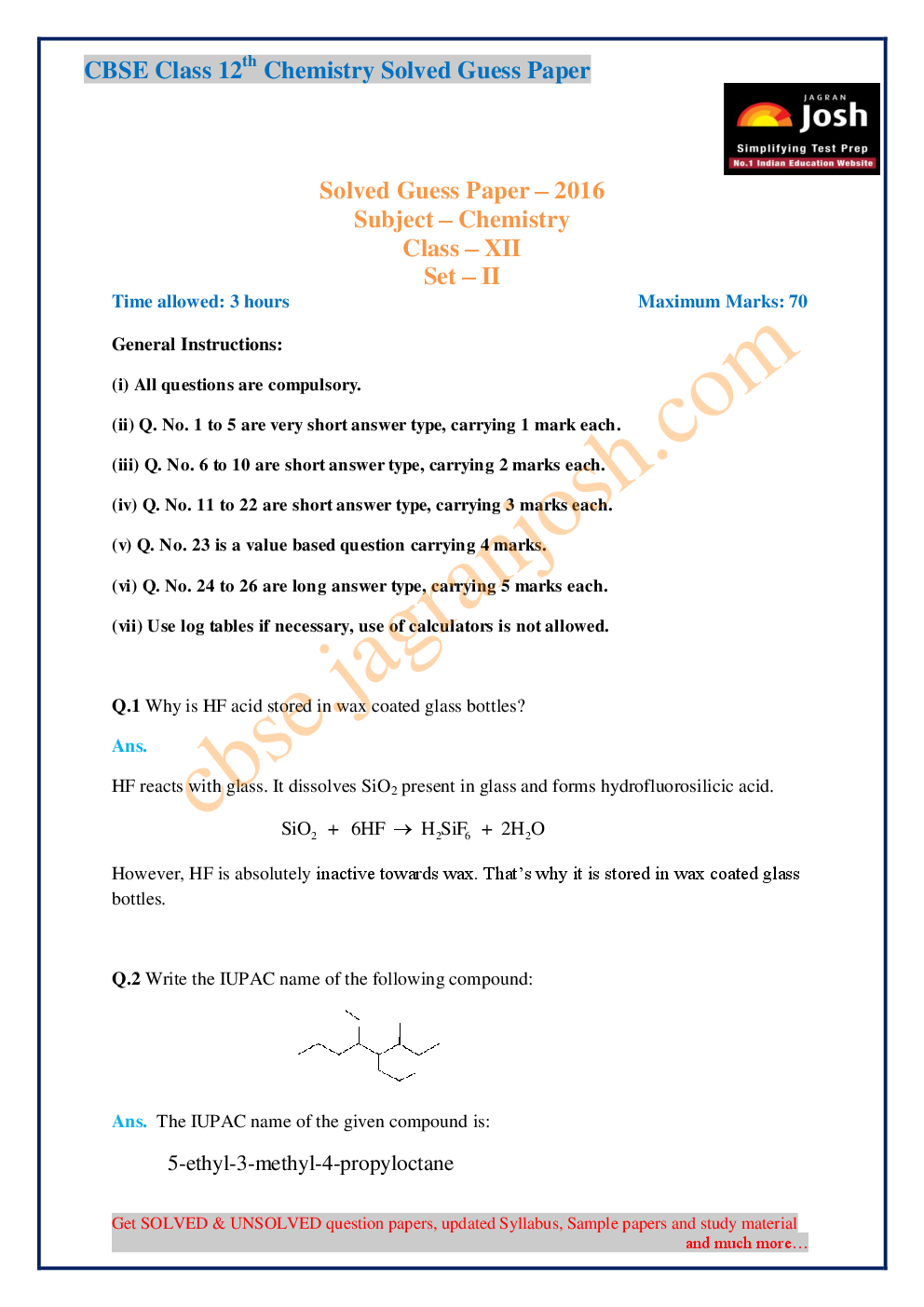CBSE Class 12th Chemistry Solved Guess Paper 2016 (Set-II) - Page 2