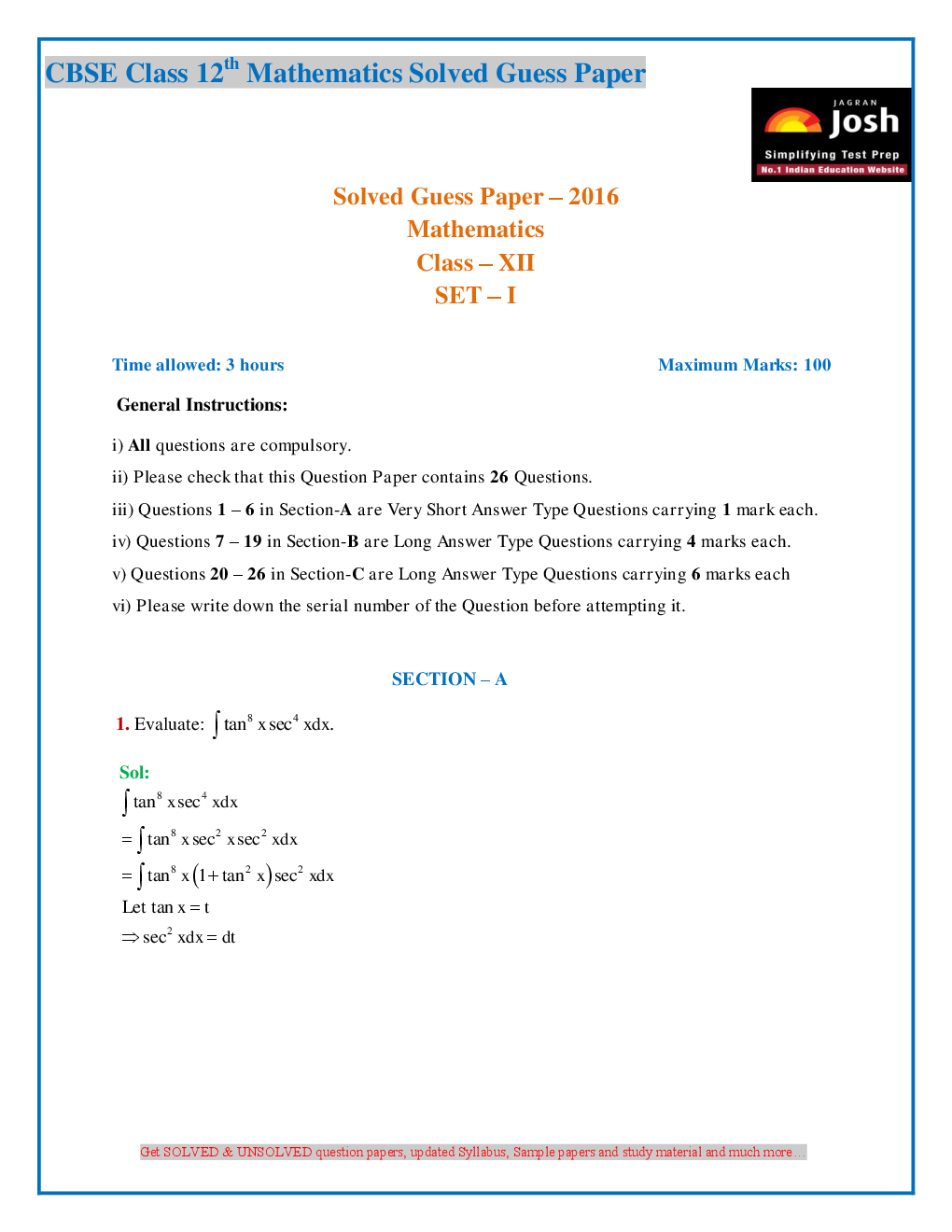 CBSE Class 12th Mathematics Solved Guess Paper 2016 (Set-I) - Page 2