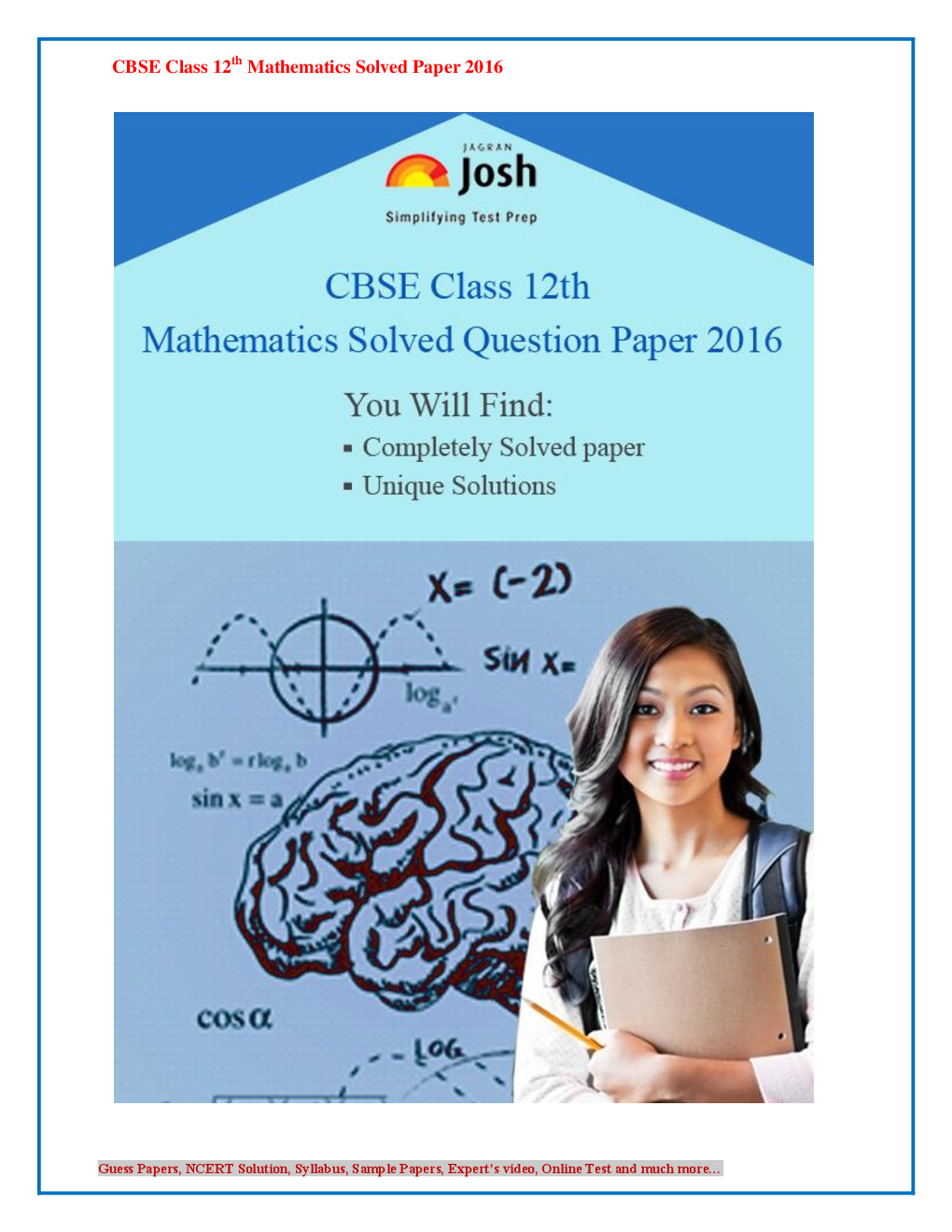 CBSE Class 12th Mathematics Solved Question Paper 2016 (Delhi Set-II) - Page 1