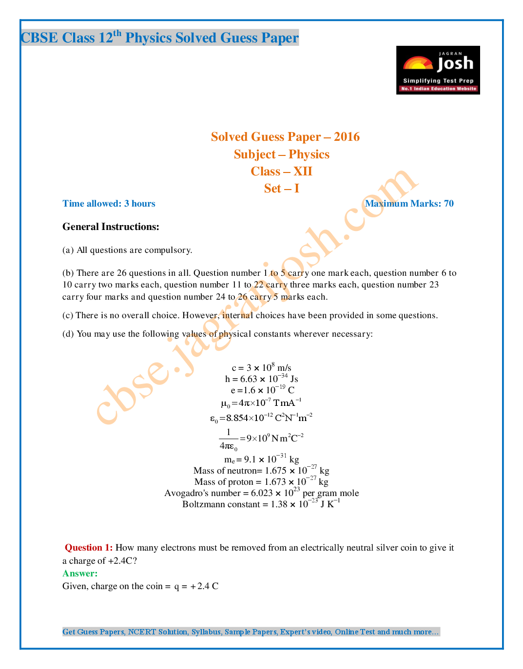 CBSE Class 12th Physics Solved Guess Paper 2016 (Set-I) - Page 2