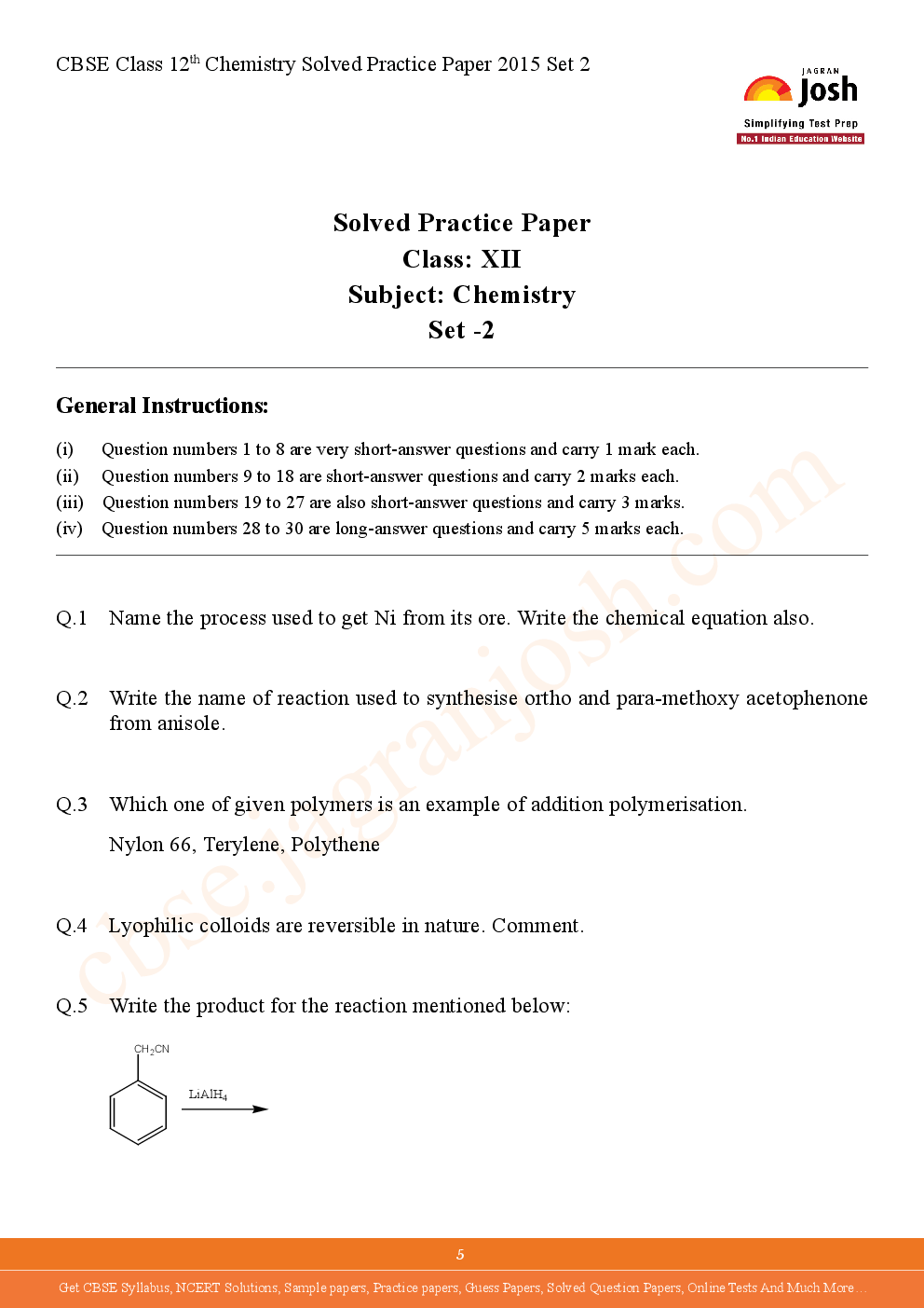 CBSE Class 12th Solved Chemistry Practice Paper 2015 (Set-II) - Page 5