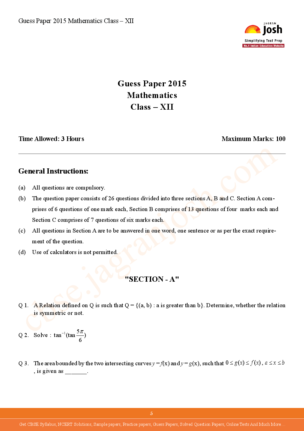 CBSE Class 12th Solved Mathematics Guess Paper 2015 - Page 5