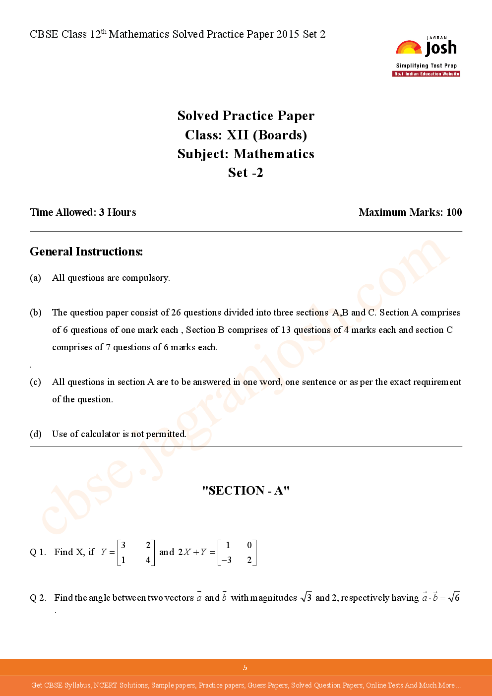 CBSE Class 12th Solved Mathematics Practice Paper 2015 (Set-II) - Page 5