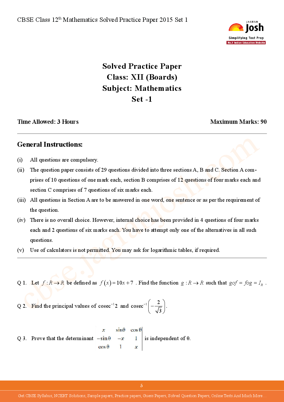 CBSE Class 12th Solved Mathematics Practice Paper 2015 (Set-I) - Page 5