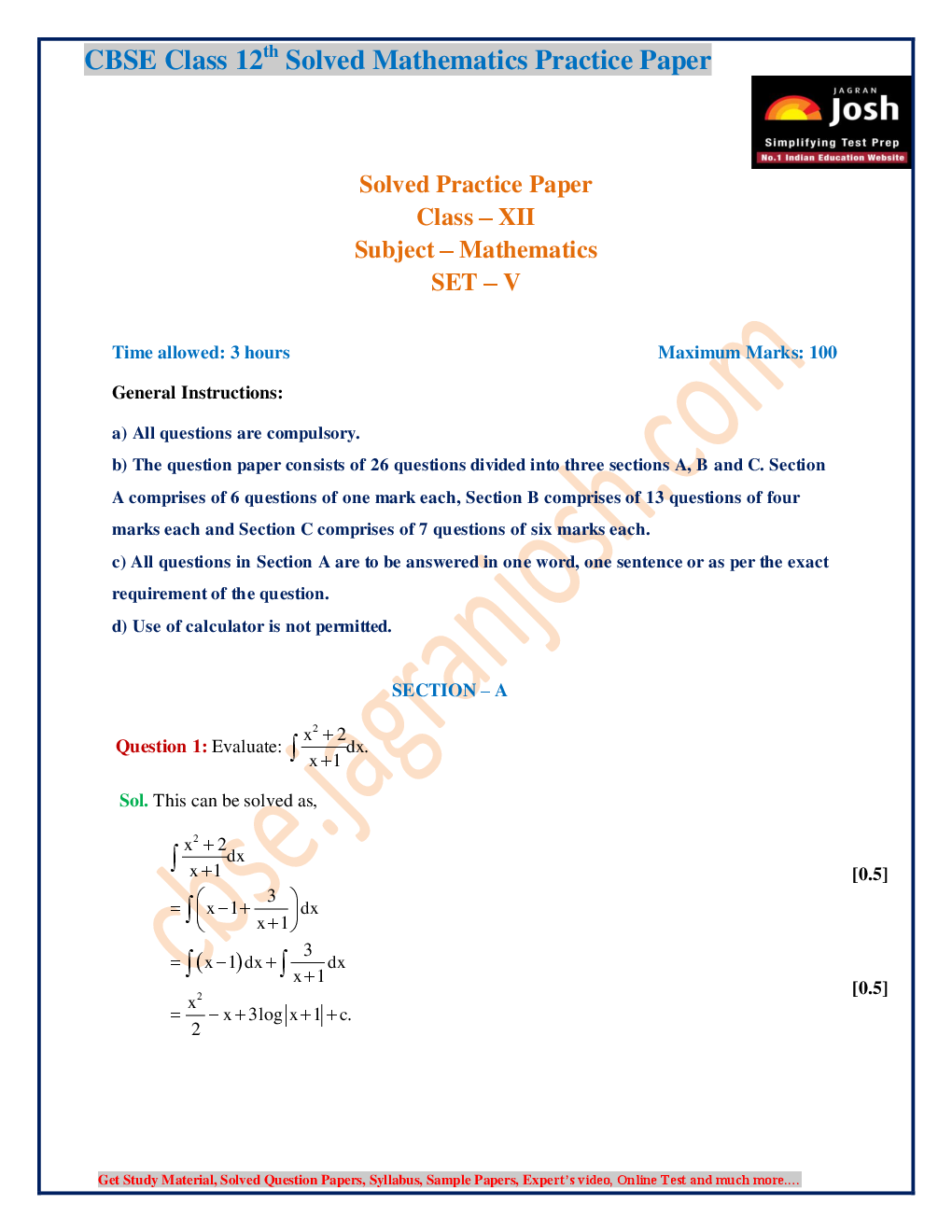 CBSE Class 12th Solved Mathematics Practice Paper (Set- V) - Page 2