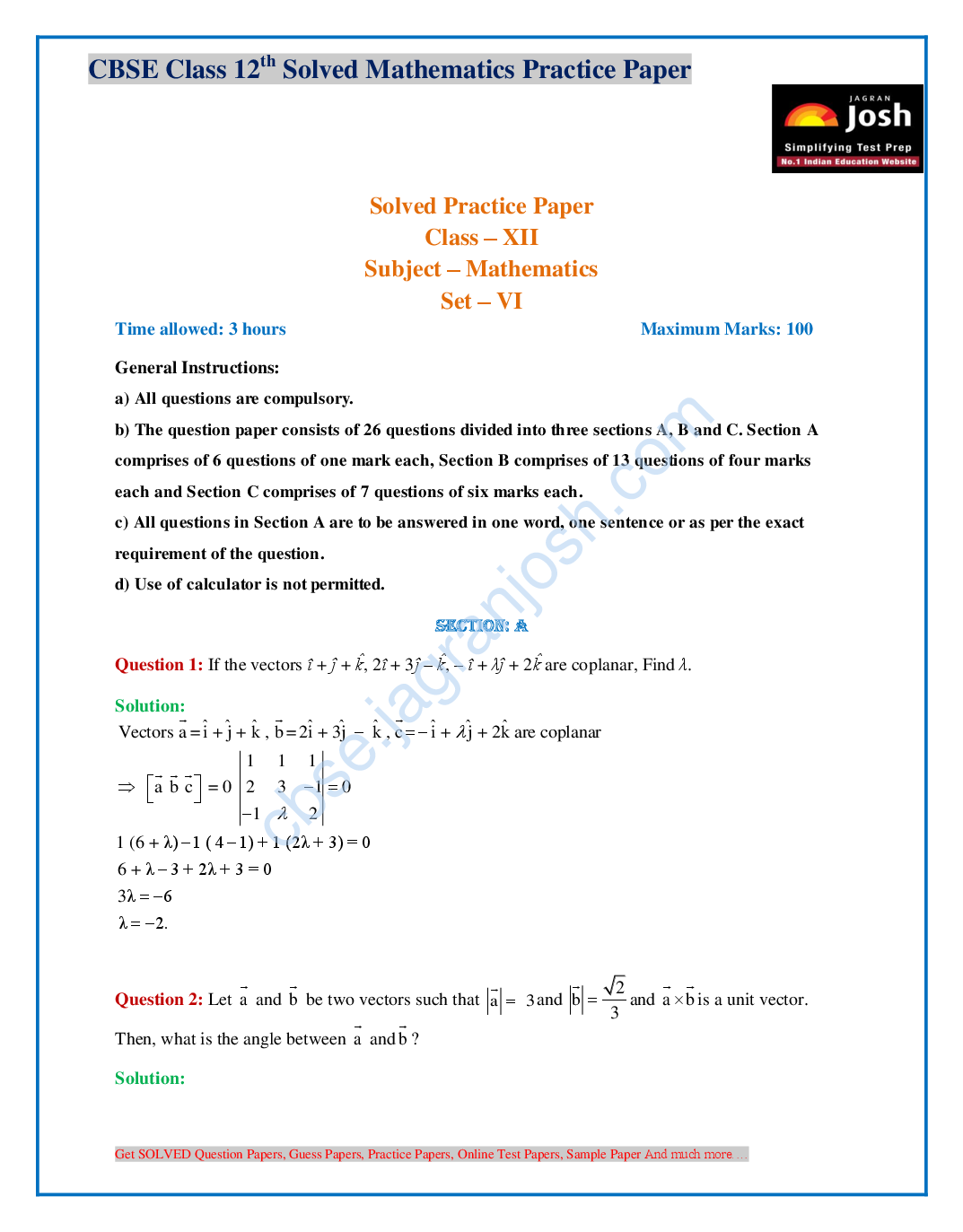 CBSE Class 12th Solved Mathematics Practice Paper (Set-VI) - Page 2