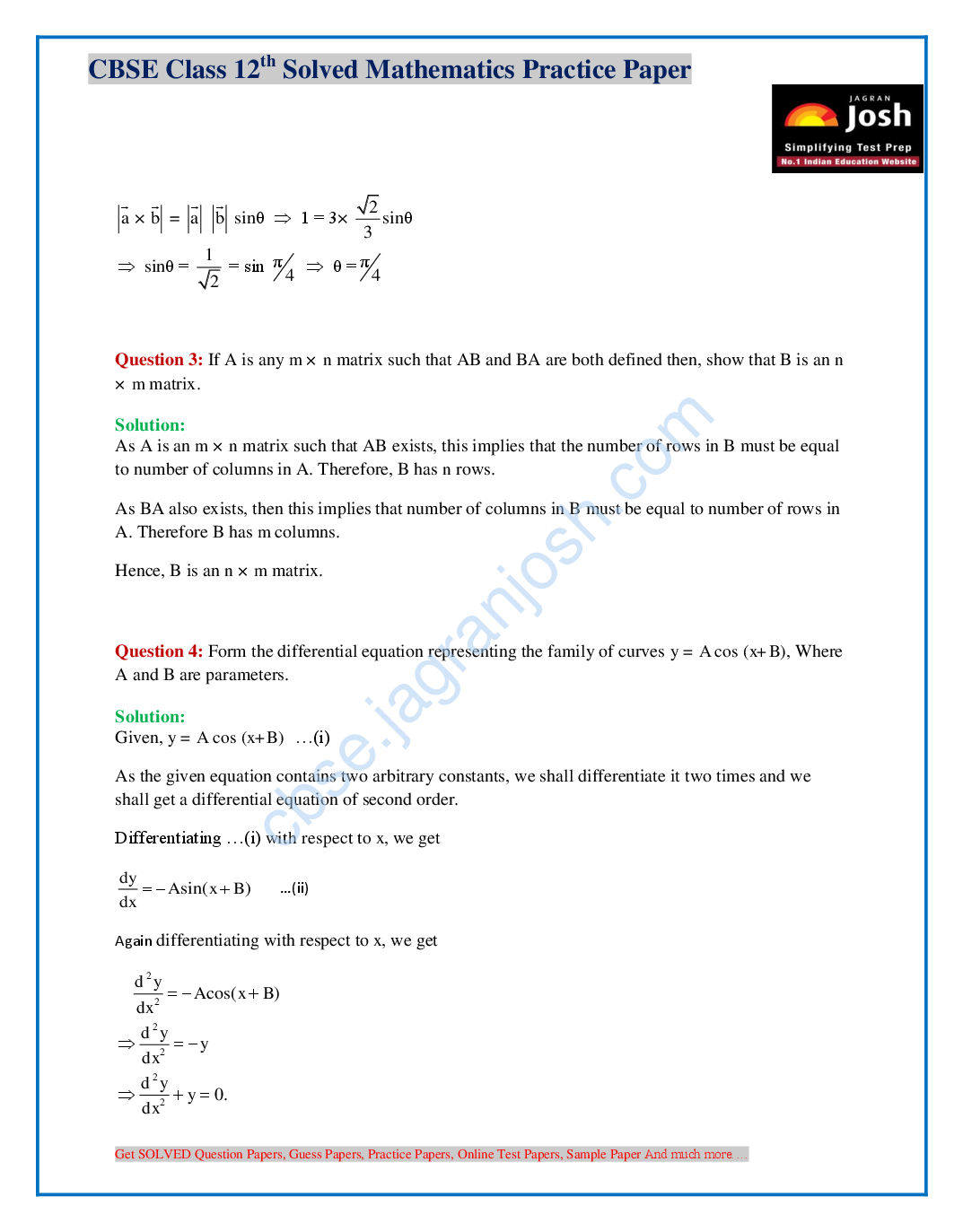 CBSE Class 12th Solved Mathematics Practice Paper (Set-VI) - Page 3