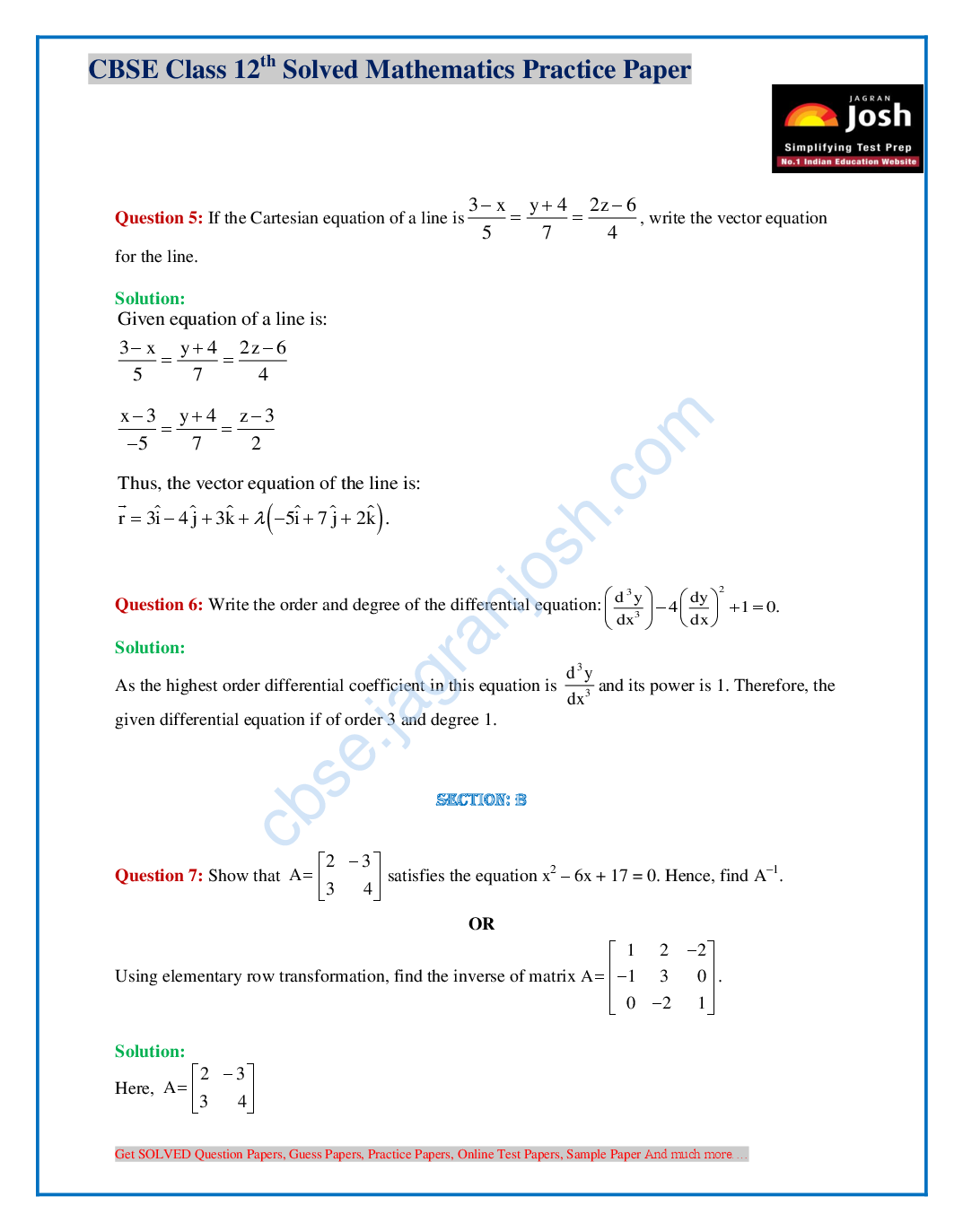 CBSE Class 12th Solved Mathematics Practice Paper (Set-VI) - Page 4