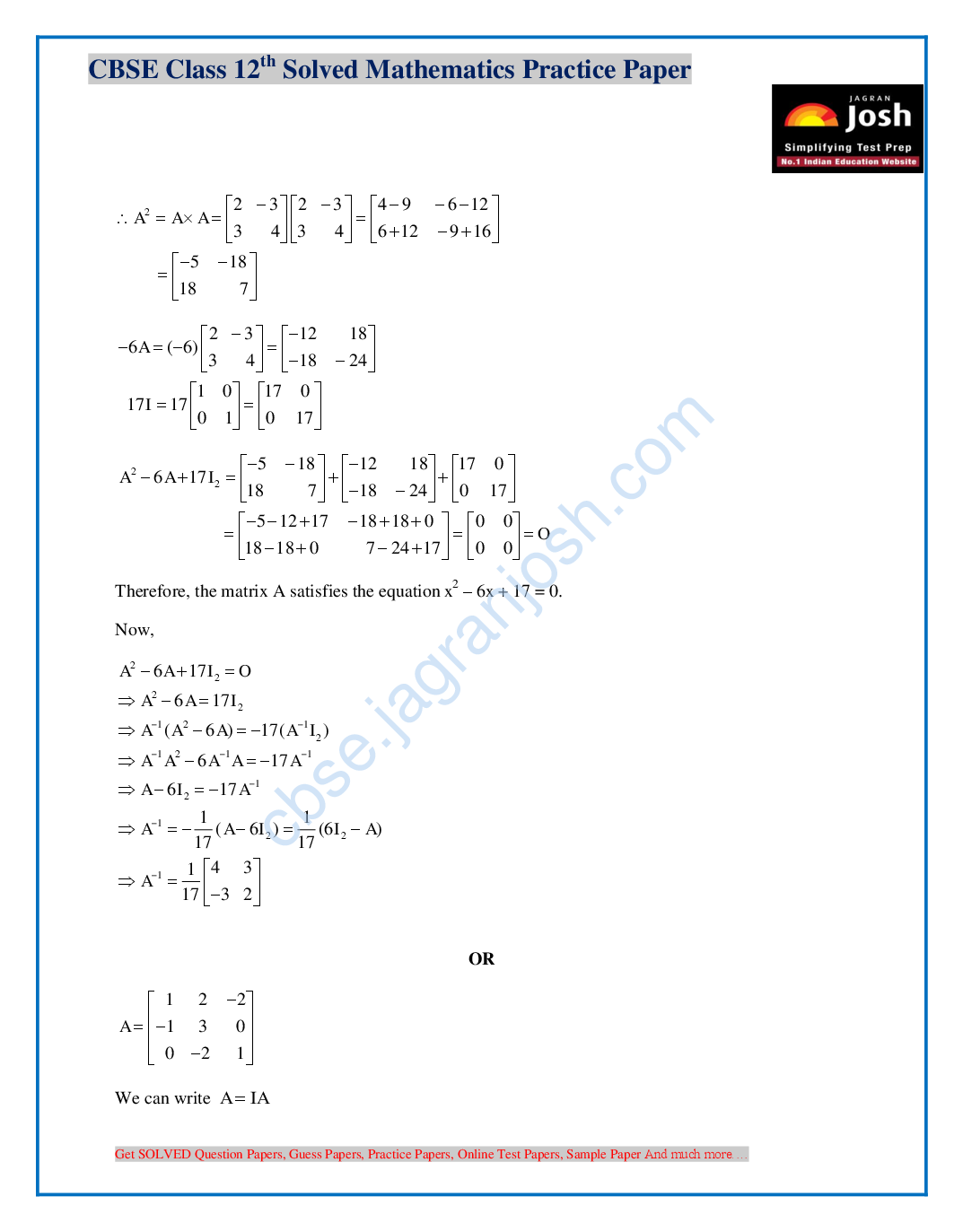 CBSE Class 12th Solved Mathematics Practice Paper (Set-VI) - Page 5