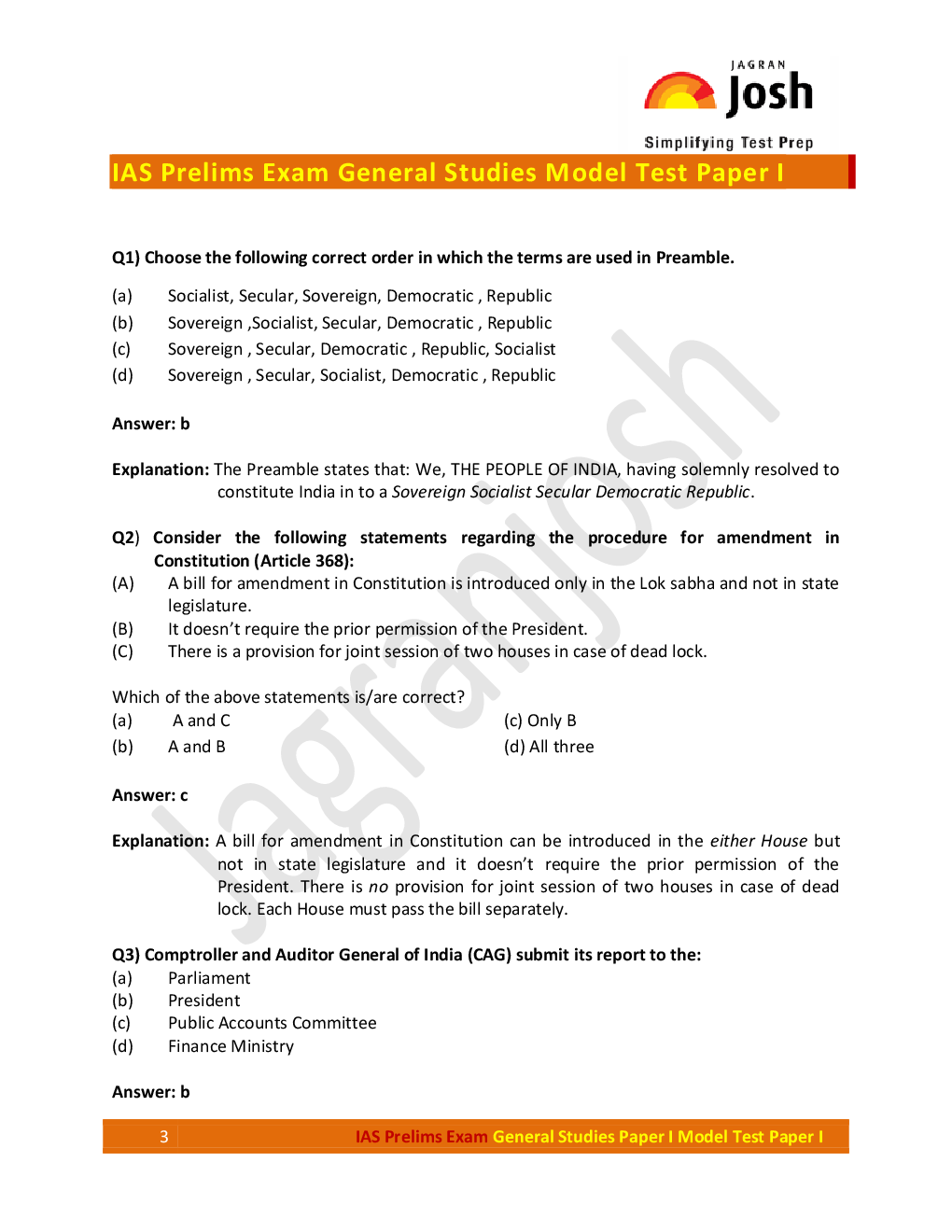 IAS Prelims Exam 2015 General Studies Paper I Model Test Paper I Online Test - Page 3