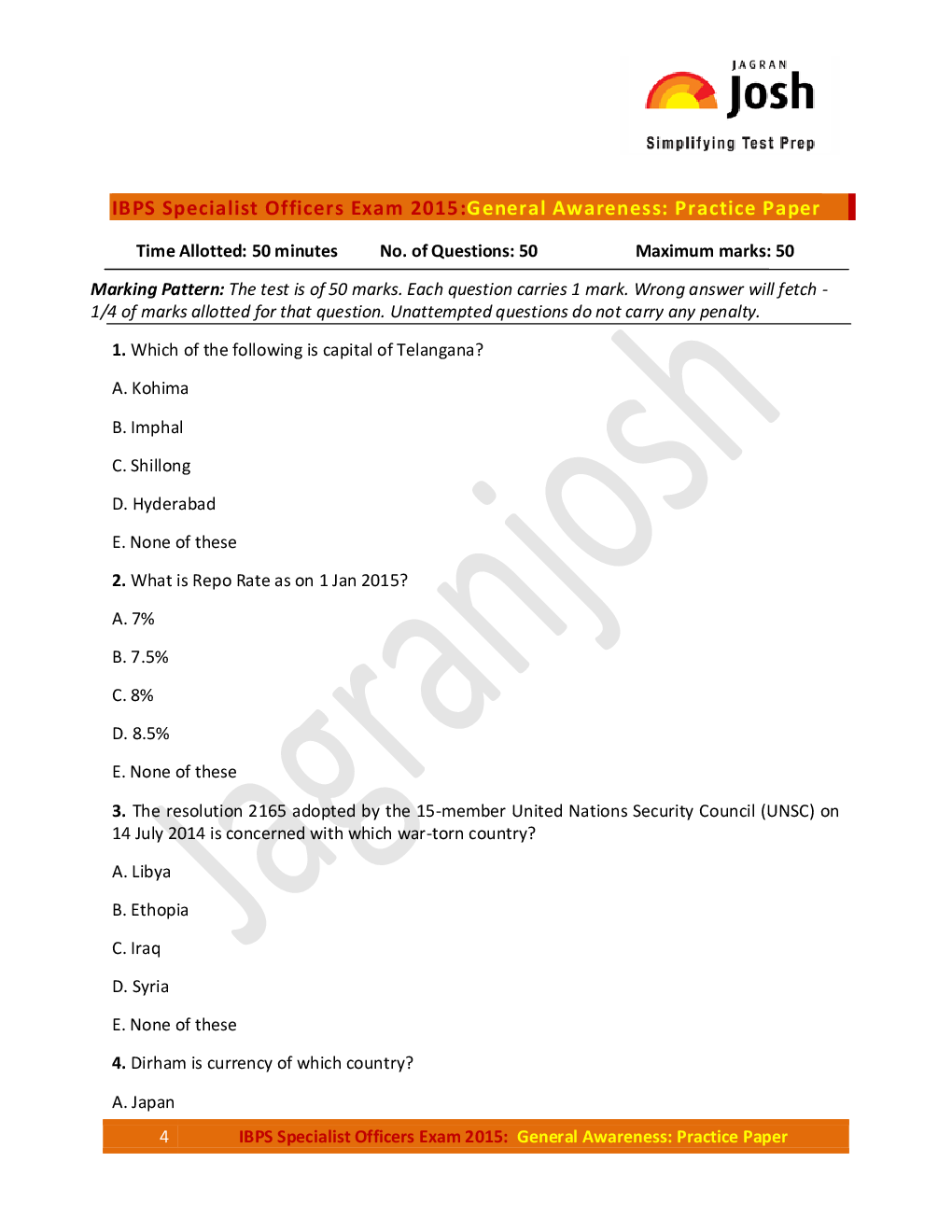 IBPS Specialist Officers Exam 2015 General Awareness Practice Paper - Page 4