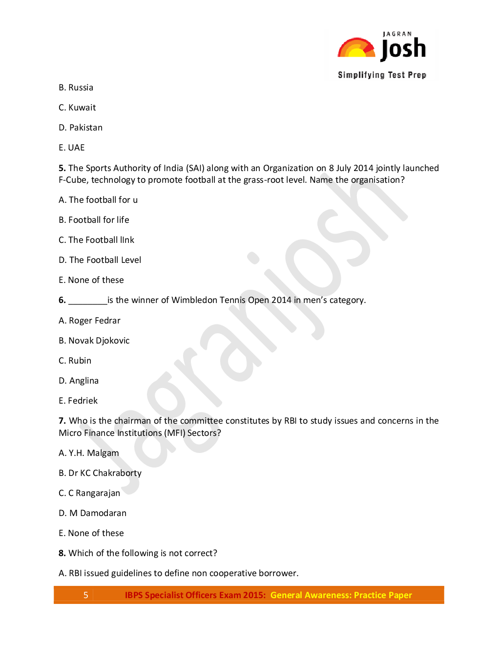 IBPS Specialist Officers Exam 2015 General Awareness Practice Paper - Page 5