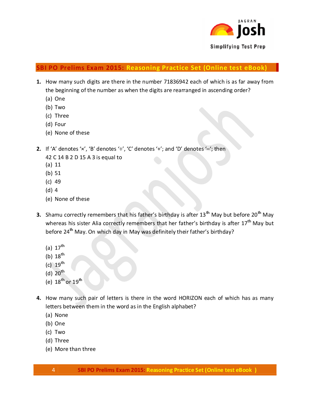 SBI PO Prelims Exam 2015 Reasoning Practice Paper (Set-1) - Page 4